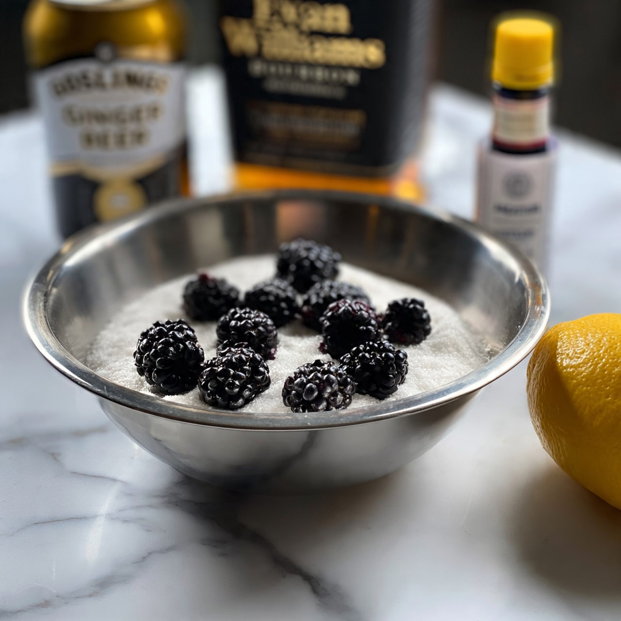 square image A close-up view of a stainless steel bowl on a white marbled surface containing a layer of white sugar with blackberries scattered on top. Surrounding the bowl are a lemon on the right with bright yellow skin, a partially visible bottle of Evan Williams bourbon with a black label behind the bowl, a can of Goslings ginger beer with gold, white, and black colors, and a small bottle of Angostura aromatic bitters with a yellow cap and white label. The focus is mainly on the bowl and its contents, with the background ingredients softly blurred. photo taken with an iphone --ar 4:5 --v 7