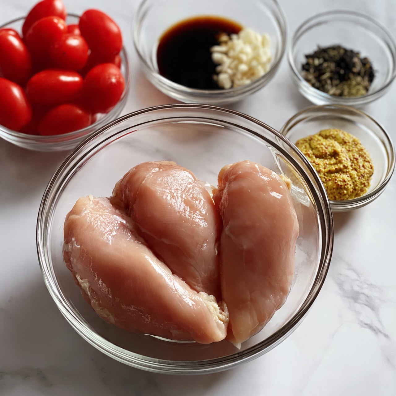 square image The image shows a clear glass bowl with three raw chicken pieces inside, light pink in color and smooth texture. Around this bowl are smaller clear glass bowls with different ingredients: bright red cherry tomatoes, dark brown liquid (likely soy sauce), minced white garlic, yellow mustard, and a small bowl with mixed black and green dried herbs. All bowls sit on a white marbled surface. A woman's hand is not visible but implied in the setup. Photo taken with an iphone --ar 4:5 --v 7