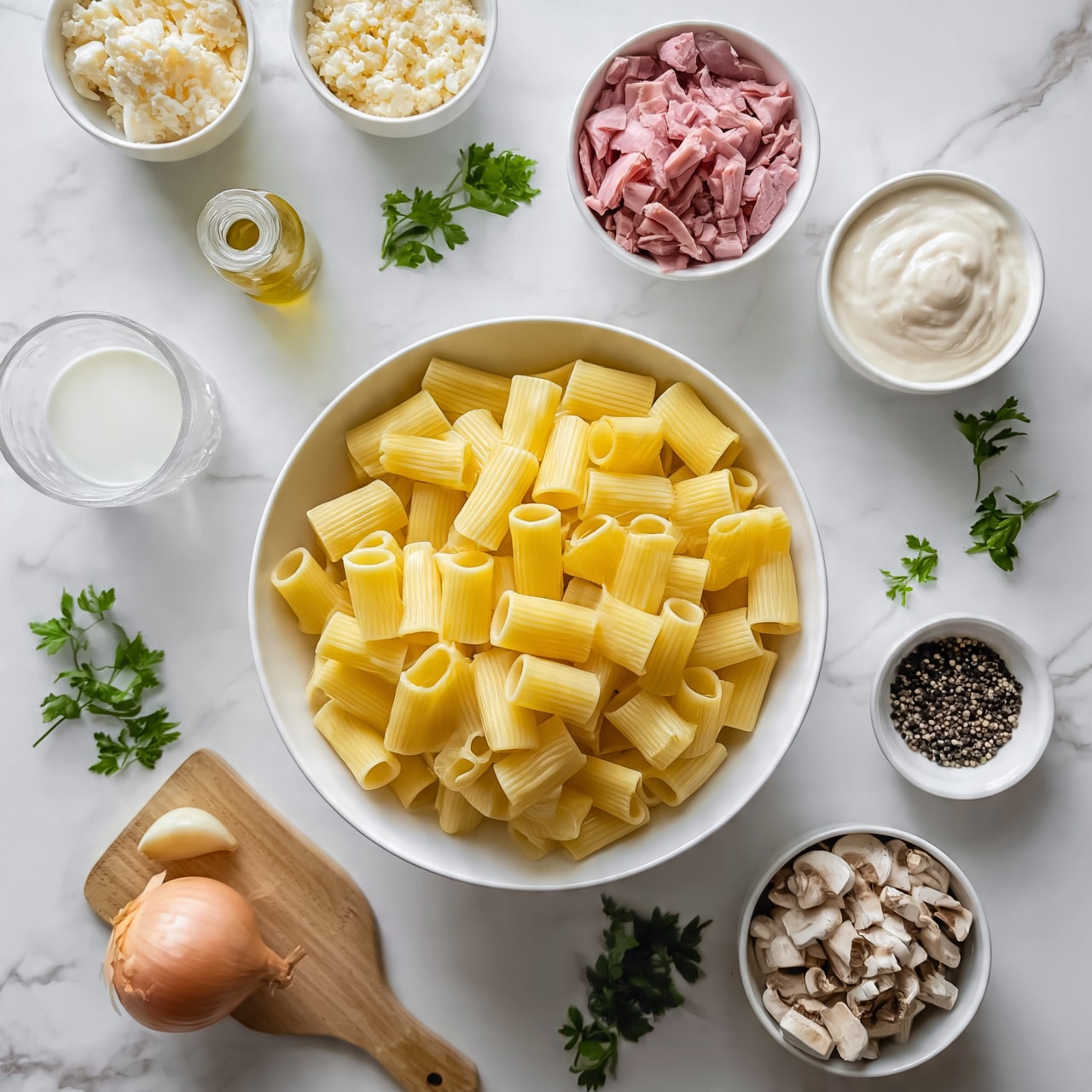 square image The image shows a white round bowl filled with cooked rigatoni pasta with a yellow color. Around this bowl are many small white bowls and containers, each holding different ingredients: chopped cooked ham in a white bowl at the top right, creamy white sauce in another white bowl next to the ham, a small white bowl with black pepper seeds, a white bowl with chopped mushrooms at the bottom right, and a bowl with crumbled cheese at the top left. There is also a small clear glass of milk on the left side, an onion and a clove of garlic on a wooden spatula, olive oil in a small bottle, and some fresh green parsley sprigs scattered around. All of these items are placed on a white marbled surface. Photo taken with an iphone --ar 4:5 --v 7
