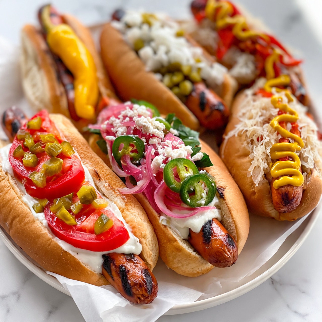 square image This image shows five grilled hot dogs in soft buns, each topped with different colorful ingredients. The buns are light brown and fluffy, holding grilled sausages with visible char lines. The first hot dog on the left has white sauce, bright red tomato slices, small green diced pickles, and a whole yellow pepper on top. The second hot dog shows white sauce, thin pink pickled onions, fresh green jalapeño slices, and white crumbly cheese with green herb leaves. The third has chopped white onions and diced green pickles over the grilled sausage. The fourth hot dog is topped with shredded light sauerkraut, red pepper strips, and bright yellow mustard sauce in a wavy line. The hot dogs sit on white lined parchment paper on a round white plate with a white marbled surface beneath. The photo taken with an iphone --ar 4:5 --v 7