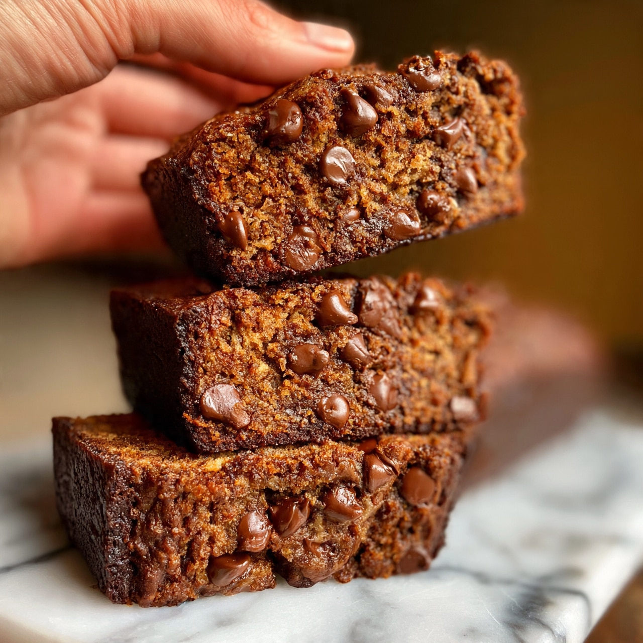 square image Three thick slices of chocolate chip banana bread with a dark brown color and soft, moist texture are stacked on a white marbled surface. The top slice is being lifted by a woman's hand, showing the scattered chocolate chips embedded within the bread. The background is blurred with warm brown tones, making the bread stand out. photo taken with an iphone --ar 4:5 --v 7