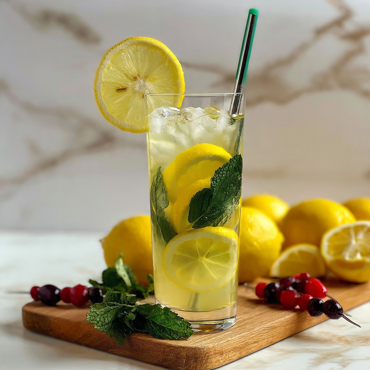 square image A tall clear glass filled with a light yellow lemon drink with ice cubes, layered with bright yellow lemon slices and green mint leaves inside. A lemon slice is placed on the rim of the glass, and a metal straw with a green silicone grip stands upright inside. The glass sits on a wooden board surrounded by whole and sliced yellow lemons, with green mint leaves near the base. Also on the wooden board are small skewers with red and dark purple berries. The background is a white marbled surface. Photo taken with an iphone --ar 4:5 --v 7