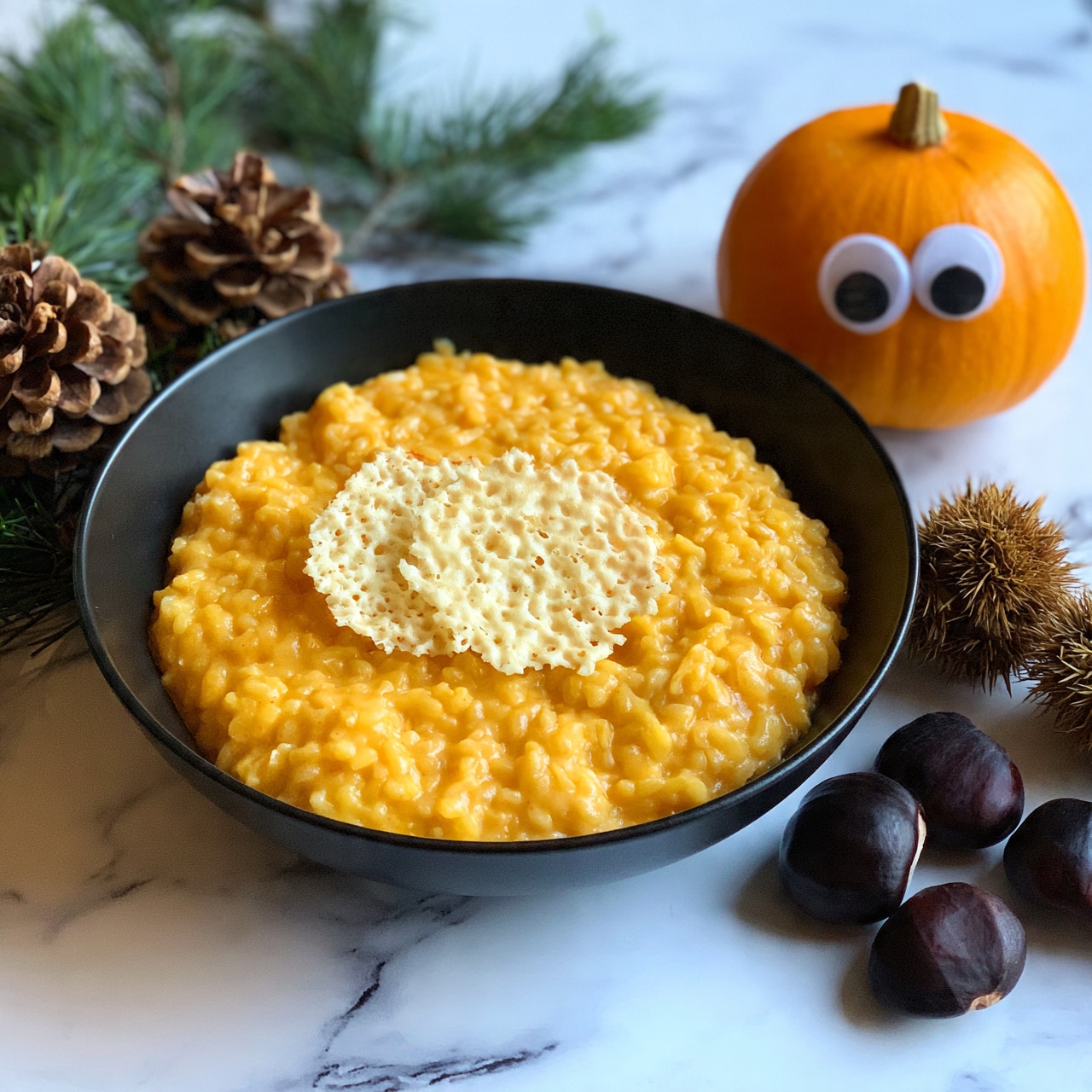square image A black bowl filled with a creamy orange risotto topped with two crispy light beige cheese crisps in the center. The bowl is placed on a white marbled surface. To the left of the bowl, there are pine cones and green pine branches. On the right side, there is a small round orange pumpkin with googly eyes, and in front of it are three dark brown chestnuts and two spiky chestnut burrs. Photo taken with an iphone --ar 4:5 --v 7