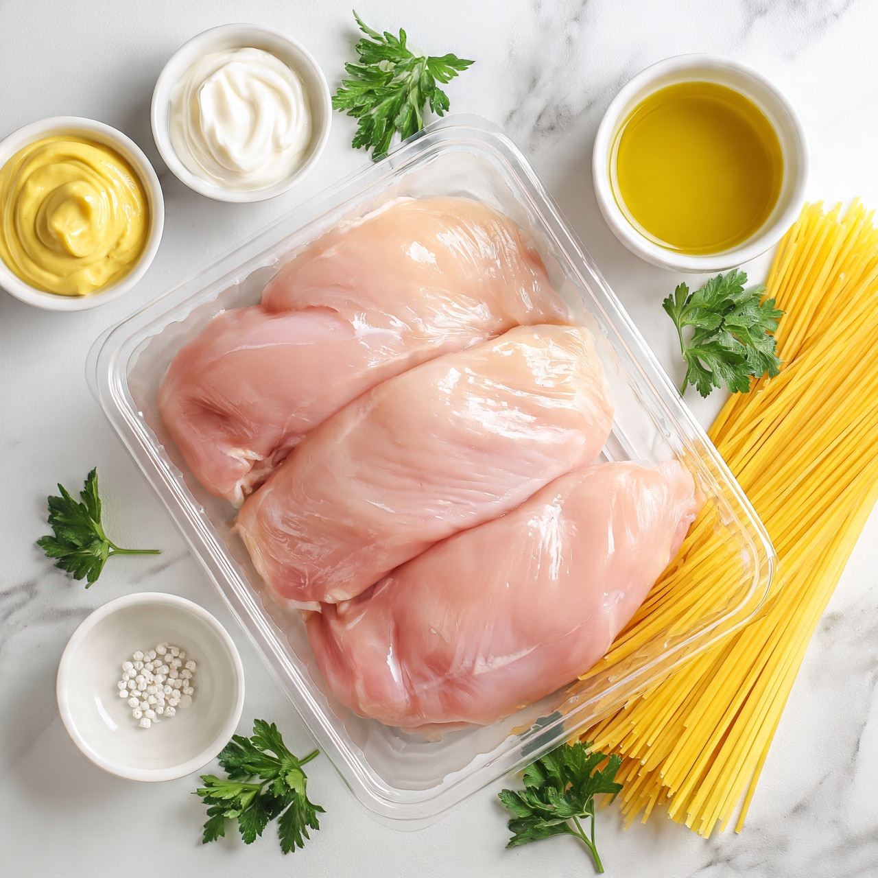 square image The image shows four raw chicken fillets placed side by side on a transparent plastic tray. Around the tray, there are small white bowls containing creamy yellow mustard, white cream, and a small heap of white peppercorns. A small white bowl holds golden olive oil, and a bundle of uncooked yellow spaghetti is arranged neatly next to the tray. Fresh green parsley sprigs are placed around the setup, and all items are on a white marbled surface. The photo is taken from above, with soft, natural lighting. Photo taken with an iphone --ar 4:5 --v 7