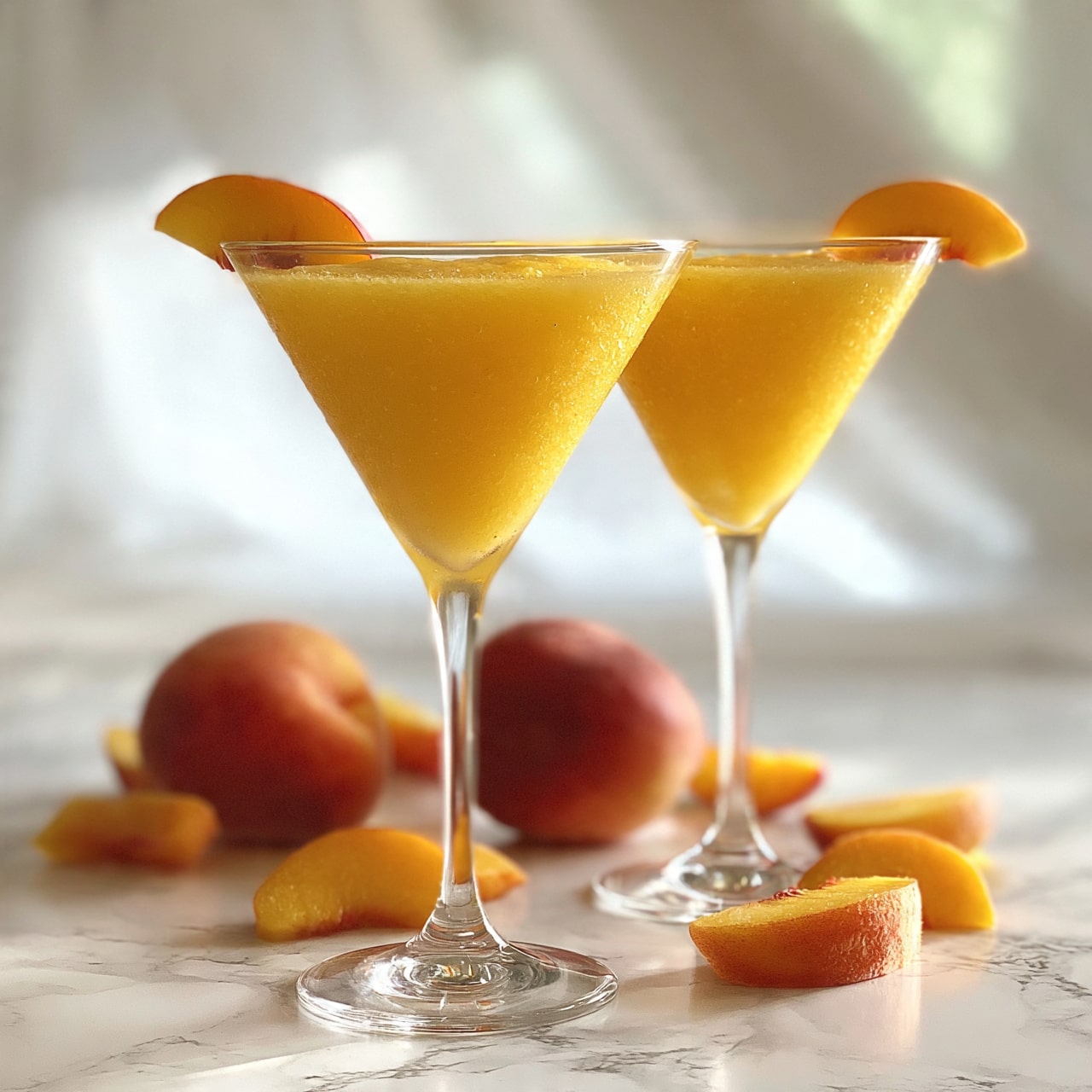 square image Two clear martini glasses hold a bright yellow peach drink with a smooth texture. Each glass has a small peach slice placed on the rim. Around the glasses, whole peaches and peach slices are scattered on a white marbled surface, softly lit with a light background that gives a fresh, clean feeling. photo taken with an iphone --ar 4:5 --v 7