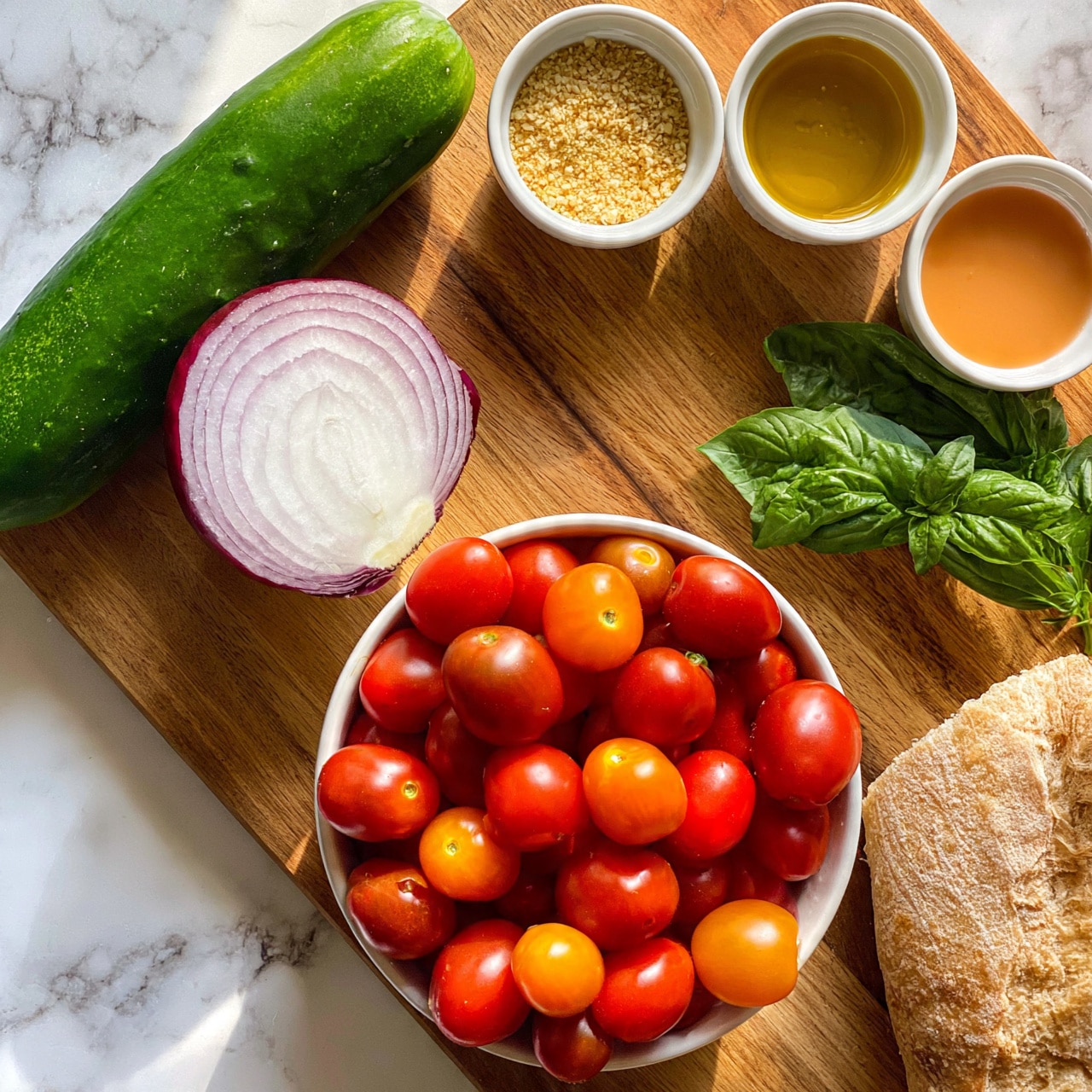 square image A top-down view of fresh ingredients on a wooden board with a white marbled background, including a bowl full of mixed red and orange cherry tomatoes at the center bottom, a whole green cucumber positioned diagonally on the left, and a half red onion showing a white center and purplish edges to the left of the tomatoes. On the upper right side of the wooden board, three small white bowls hold garlic powder, golden olive oil, and a light orange liquid. Fresh green basil leaves lie next to the bowls, and a piece of rustic light brown bread rests at the bottom right corner. The scene has warm natural light. Photo taken with an iphone --ar 4:5 --v 7