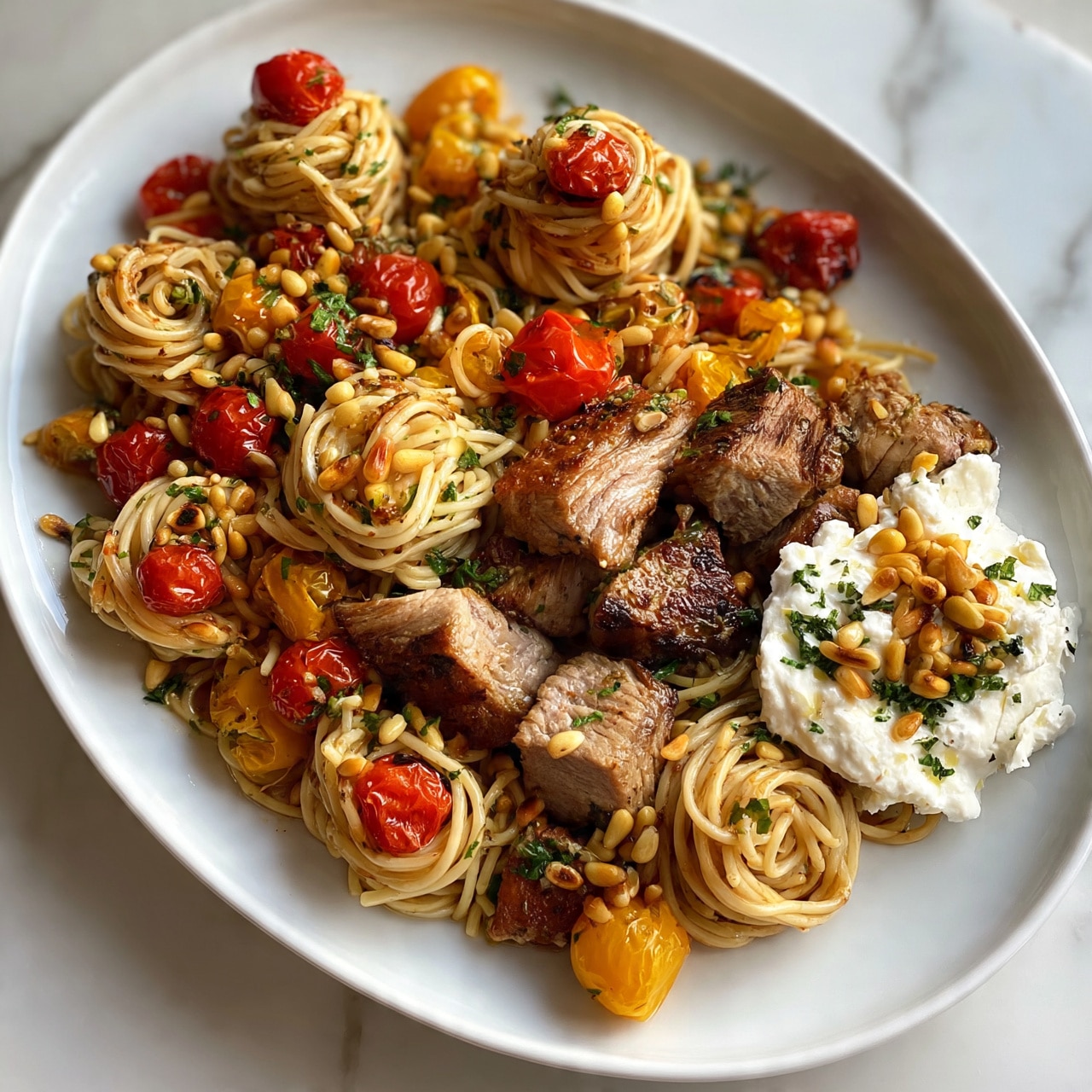 square image A white oval plate shows a mix of spaghetti noodles twisted into small piles, with roasted red and yellow cherry tomatoes scattered on top and throughout. There are small golden pine nuts spread over the dish, along with bits of green chopped herbs. Large chunks of lightly browned grilled meat pieces rest on the noodles, and a dollop of white cheese topped with pine nuts and green herbs sits on one side of the plate. The dish sits on a white marbled surface. photo taken with an iphone --ar 4:5 --v 7
