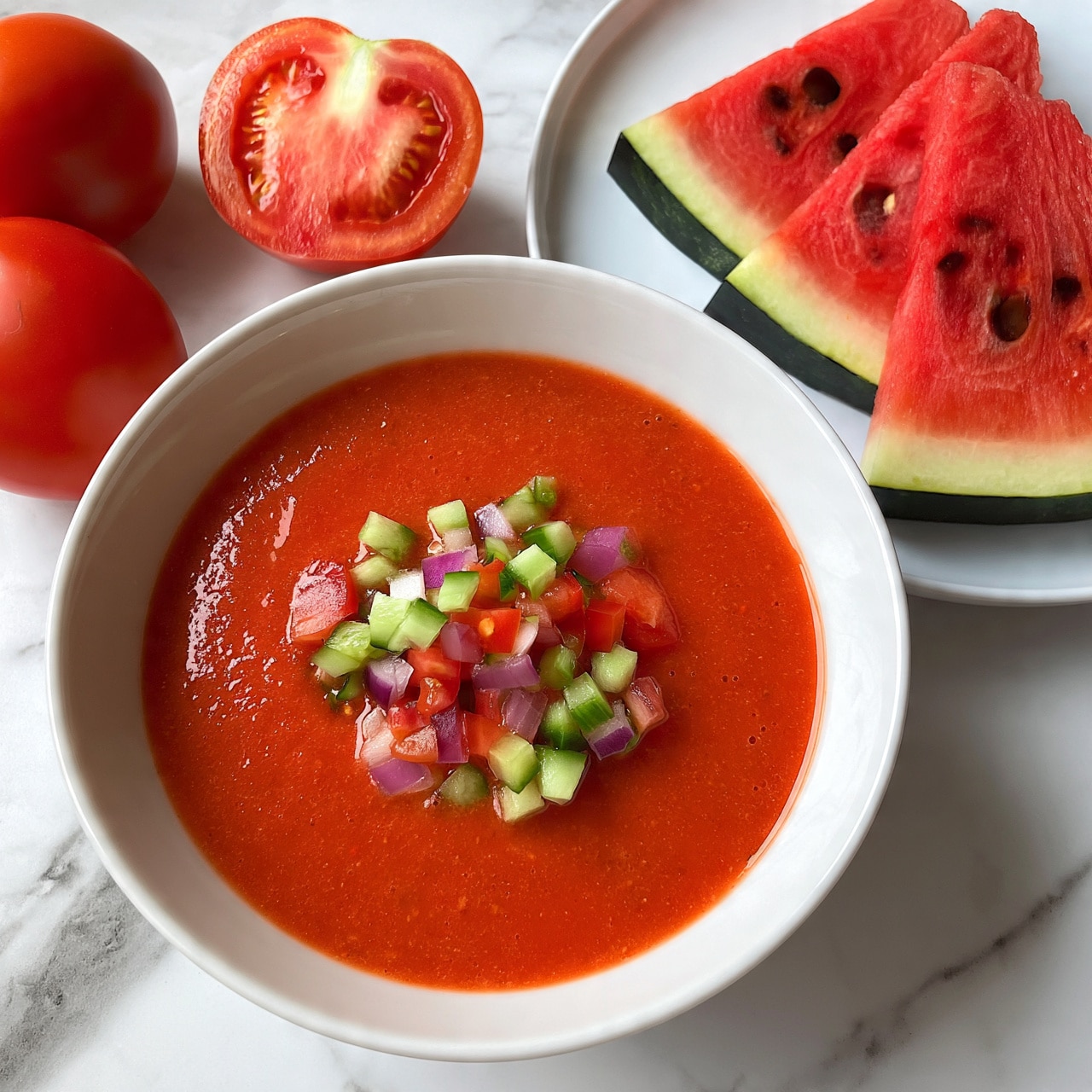 square image A white bowl filled with smooth red gazpacho soup topped with small diced green cucumber, red tomato, and purple onion pieces, arranged neatly in the center. To the left of the bowl, two whole red tomatoes and one half tomato show their fresh inside. To the right, a white plate holds three triangular slices of watermelon with dark green rind, bright red flesh, and black seeds. All items are placed on a white marbled surface. Photo taken with an iphone --ar 4:5 --v 7