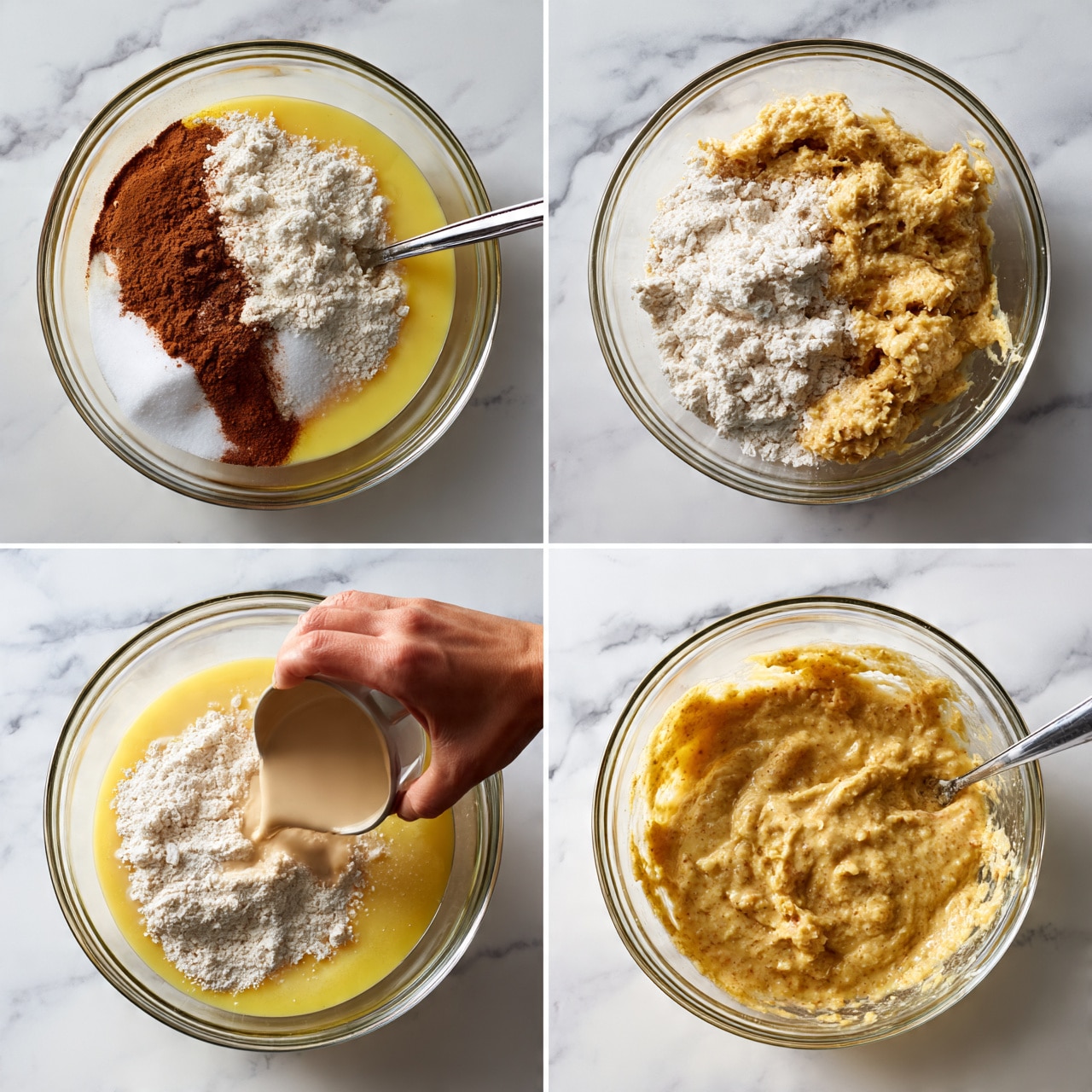 square image The collage of four images shows the step-by-step mixing of ingredients in a clear glass bowl placed on a white marbled surface. The first image features three layers: a yellow liquid base, topped with a heap of white flour, cinnamon powder, and white baking soda on the left side, with a silver spoon resting in the bowl. The second image shows the ingredients half mixed into a rough dough with clumps of white flour visible. In the third image, a woman's hand is pouring a light beige liquid into the dough, further mixing it. The fourth image shows the mixture fully blended into a smooth, thick batter, with the spoon still inside the bowl. Photo taken with an iphone --ar 4:5 --v 7