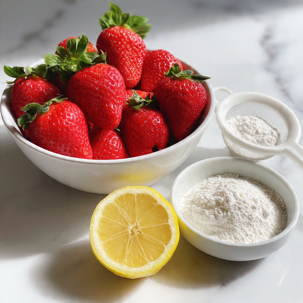 square image The image shows a white bowl full of fresh red strawberries with green leaves on top, placed on a white marbled surface. Next to the bowl, there is a small white bowl with a fine powdered white substance and a small white sieve filled with the same powder. In front, there is a lemon cut in half showing its yellow inside. The colors are bright with red, green, yellow, and white standing out clearly. Photo taken with an iphone --ar 4:5 --v 7