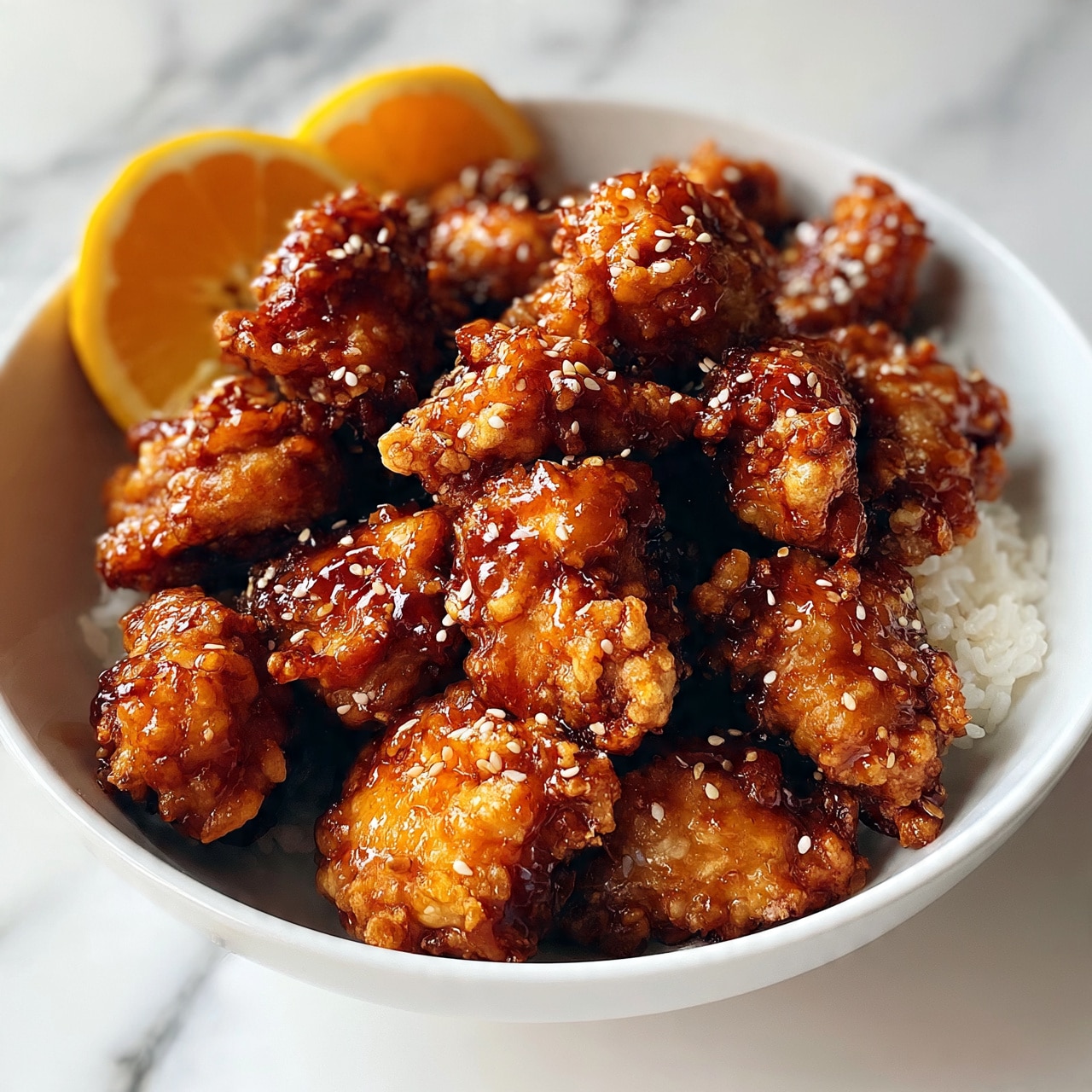 square image A white bowl filled with crispy fried chicken pieces that are golden brown and coated in a sticky, shiny sauce with small white sesame seeds sprinkled on top. The chicken sits on a bed of white rice which is partially visible on the side. Two bright orange lemon wedges rest on the rim of the bowl. The bowl is placed on a white marbled surface. photo taken with an iphone --ar 4:5 --v 7
