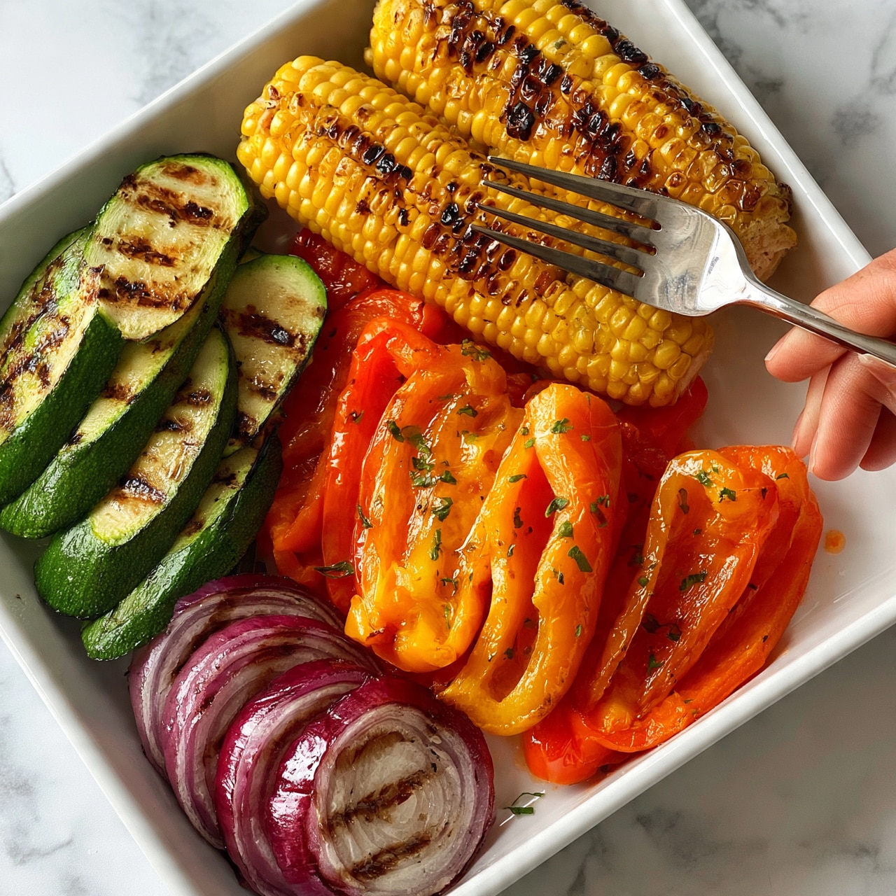 square image A white rectangular dish filled with three grilled corn cobs at the top right, each showing golden yellow kernels with dark grill marks. Below them are bright orange roasted bell pepper slices, shiny with a light glaze and sprinkled with small green herb leaves. To the left of the peppers are green zucchini slices, grilled with brown char lines, stacked neatly. At the bottom left are round slices of red onion, also grilled with visible dark lines, all resting on a white marbled surface. A woman’s hand holds a silver fork near the corn. photo taken with an iphone --ar 4:5 --v 7