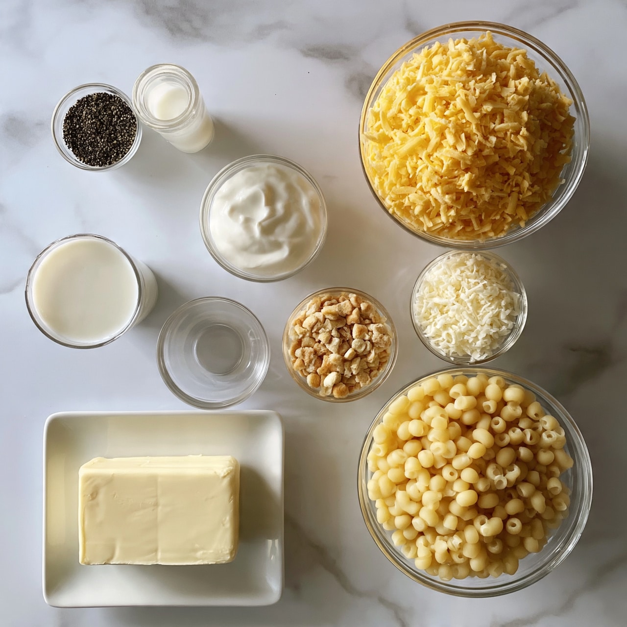square image The image shows a white marbled surface with several clear glass bowls and containers arranged neatly, each holding different ingredients. The top right bowl is filled with shredded yellow cheese, below it is a smaller bowl with shredded white cheese. At the bottom right, there is a bowl full of small round pasta. On the bottom left, there is a white rectangular plate with a block of pale yellow butter. In the middle row, from left to right, there is a cup of milk, a small bowl of sour cream, a small empty glass bowl, and a bowl of light brown crushed crackers or crumbs. At the top left, there is a small cup of black ground pepper and a small glass container with a white liquid, likely cream. The scene is simple and well-lit, with all ingredients clearly visible and placed in an orderly fashion on the white marbled surface photo taken with an iphone --ar 4:5 --v 7