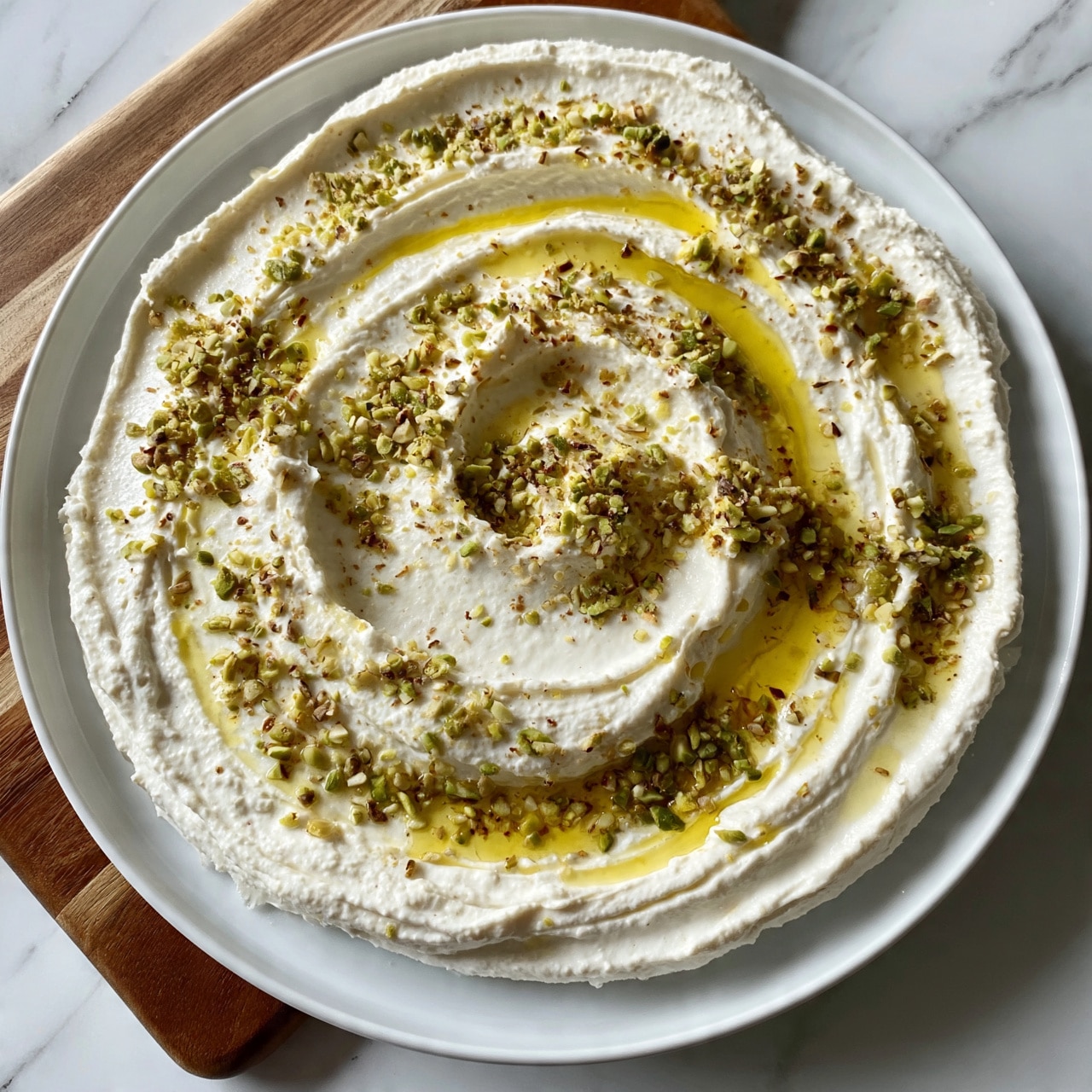 square image This image shows a round white plate filled with a creamy white dip spread evenly. On top of the dip, there are small green and brown chopped nuts or seeds scattered all over. A drizzle of yellow oil is spread in lines across the dip's surface. The plate sits on a white marbled surface, and a wooden chopping board is on the side. The texture of the dip looks smooth with some light rough spots where the toppings sit. photo taken with an iphone --ar 4:5 --v 7