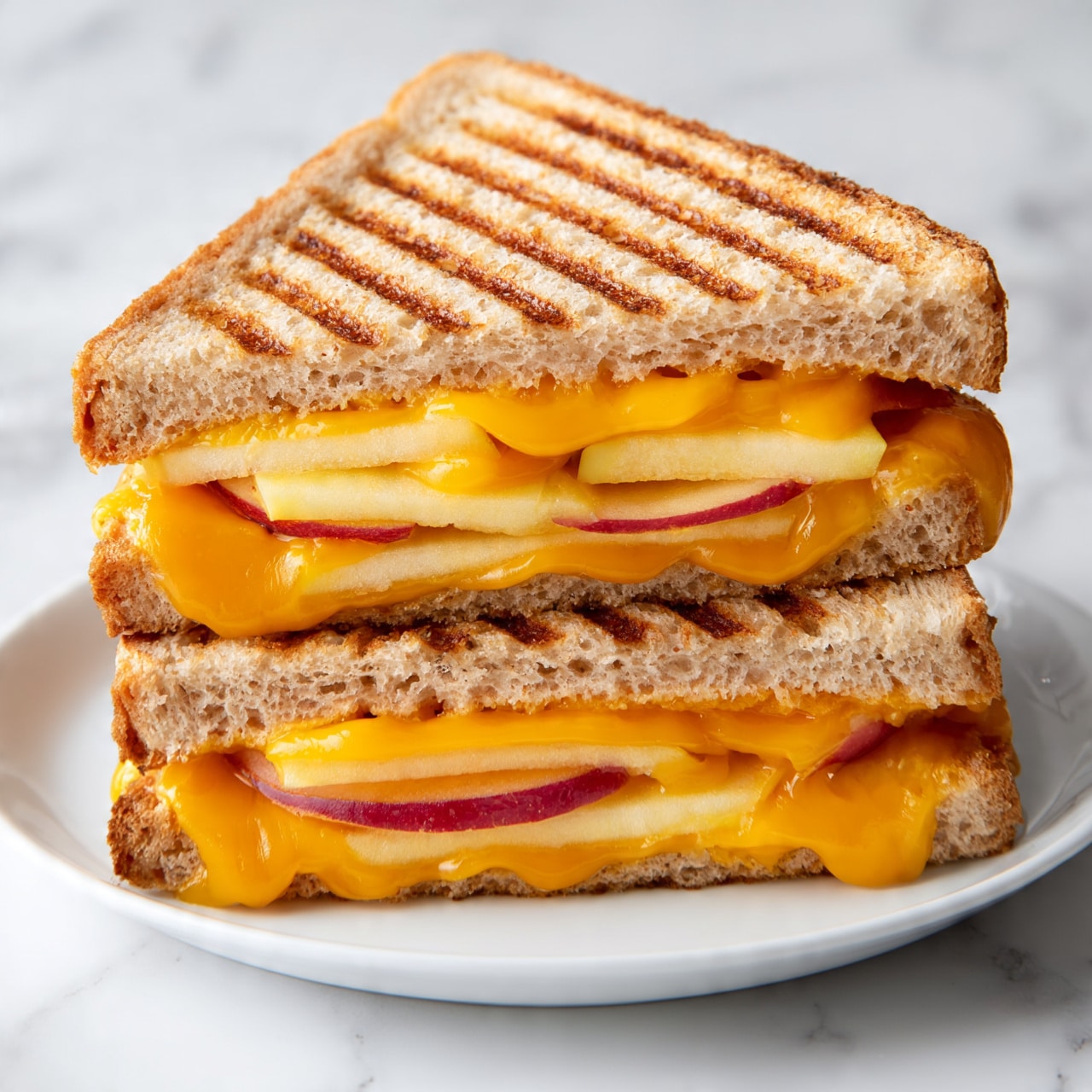 square image The image shows a sandwich cut diagonally in half, stacked one half on top of the other on a white plate. The sandwich has three layers of light brown toasted bread with clear grill marks. Between the bread layers, there are bright orange melted cheese layers mixed with thin slices of pale yellow apple and thin slices of red apple. The cheese is oozing slightly out of the sides, giving a warm and melted texture contrast with the crunchy bread and crisp apple slices. The white marbled surface forms the background. Photo taken with an iphone --ar 4:5 --v 7square image
