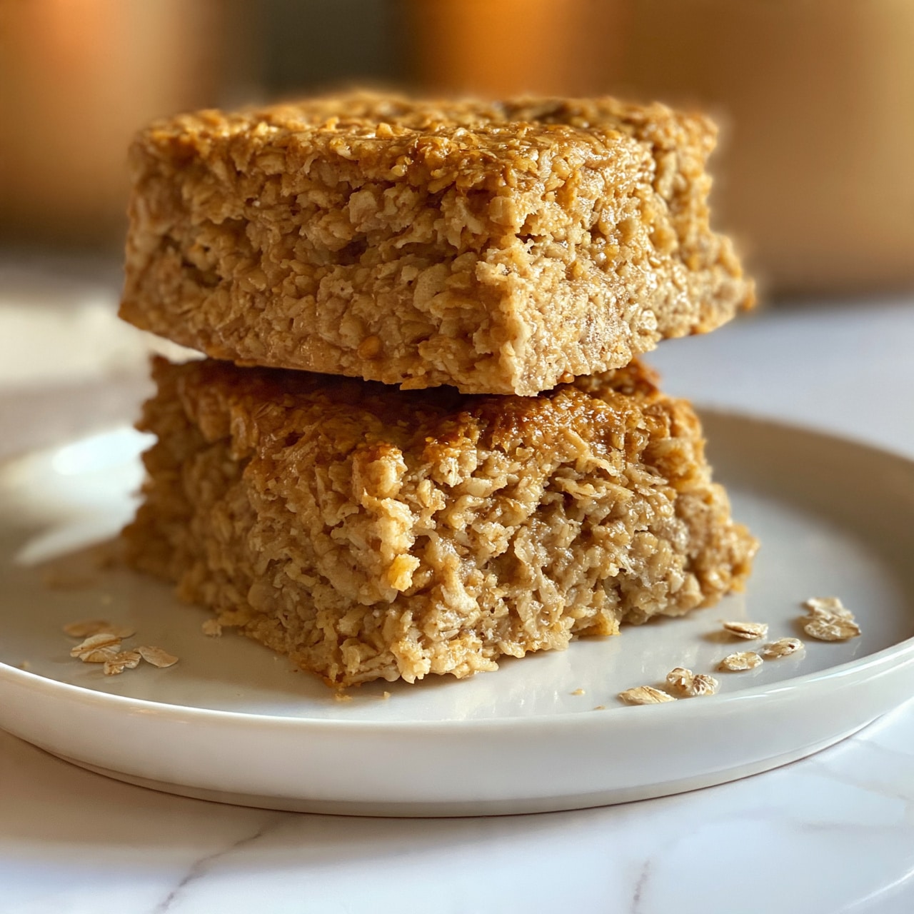 square image The image shows two large oatmeal bars stacked on top of each other on a simple white plate. Each bar has a rough texture with visible oats clumped together, and the color is a warm golden brown with a slight shine. Small oat flakes can be seen scattered around the plate. The background is softly blurred with warm tones, and the plate sits on a white marbled surface. photo taken with an iphone --ar 4:5 --v 7