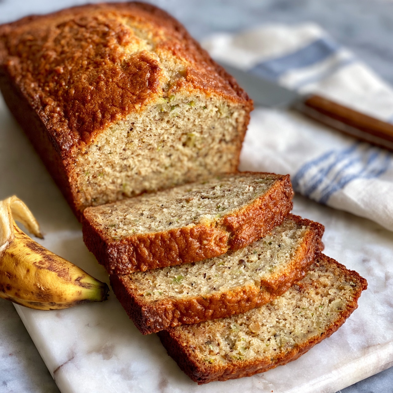 square image The image shows a loaf of banana bread with a golden brown crust placed on a white marble surface. The loaf is sliced, with three thick slices laid out neatly in front, revealing a moist interior with small green and brown specks, likely bits of banana and nuts. A partially peeled ripe banana lies nearby, adding a touch of yellow and brown color to the scene. A knife with a wooden handle rests behind the slices on a white cloth with blue stripes. The overall look is warm and homey, with soft light highlighting the texture of the bread and the marble beneath. Woman's hand is not visible. photo taken with an iphone --ar 4:5 --v 7