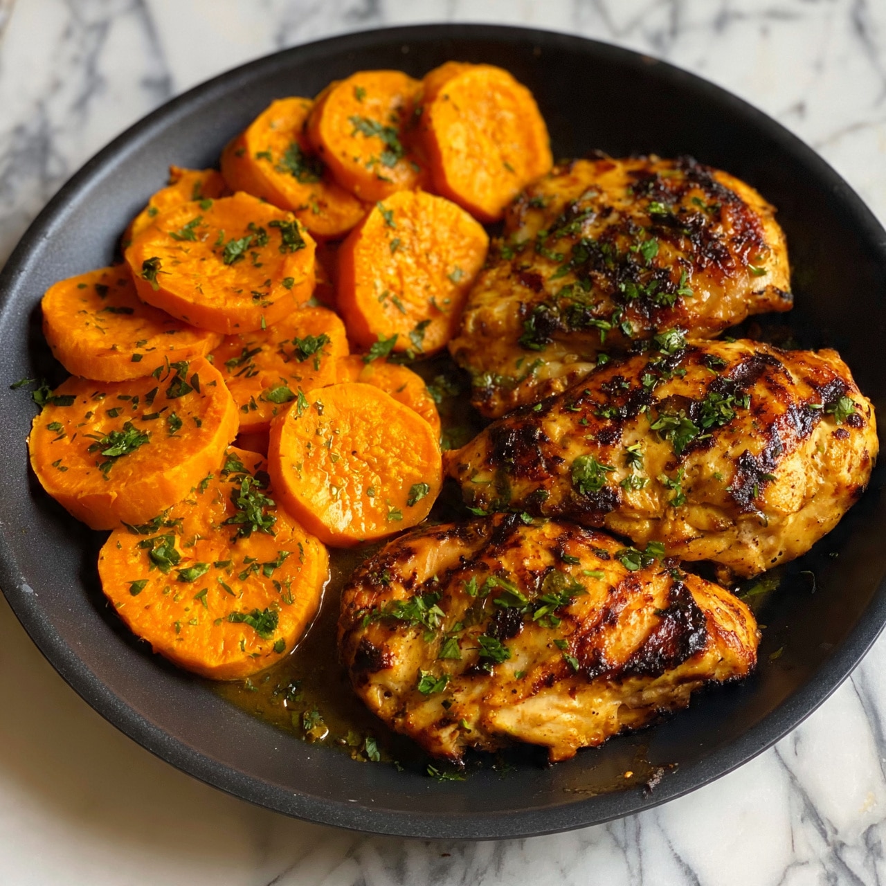 square image A black pan filled with four grilled chicken pieces placed on the right side, each piece golden brown with grill marks and sprinkled with fresh green herbs. On the left, there are multiple round slices of cooked bright orange sweet potatoes, also topped with herbs. The dish looks cooked with some sauce or oil giving a slight shine. The pan rests on a white marbled surface. photo taken with an iphone --ar 4:5 --v 7