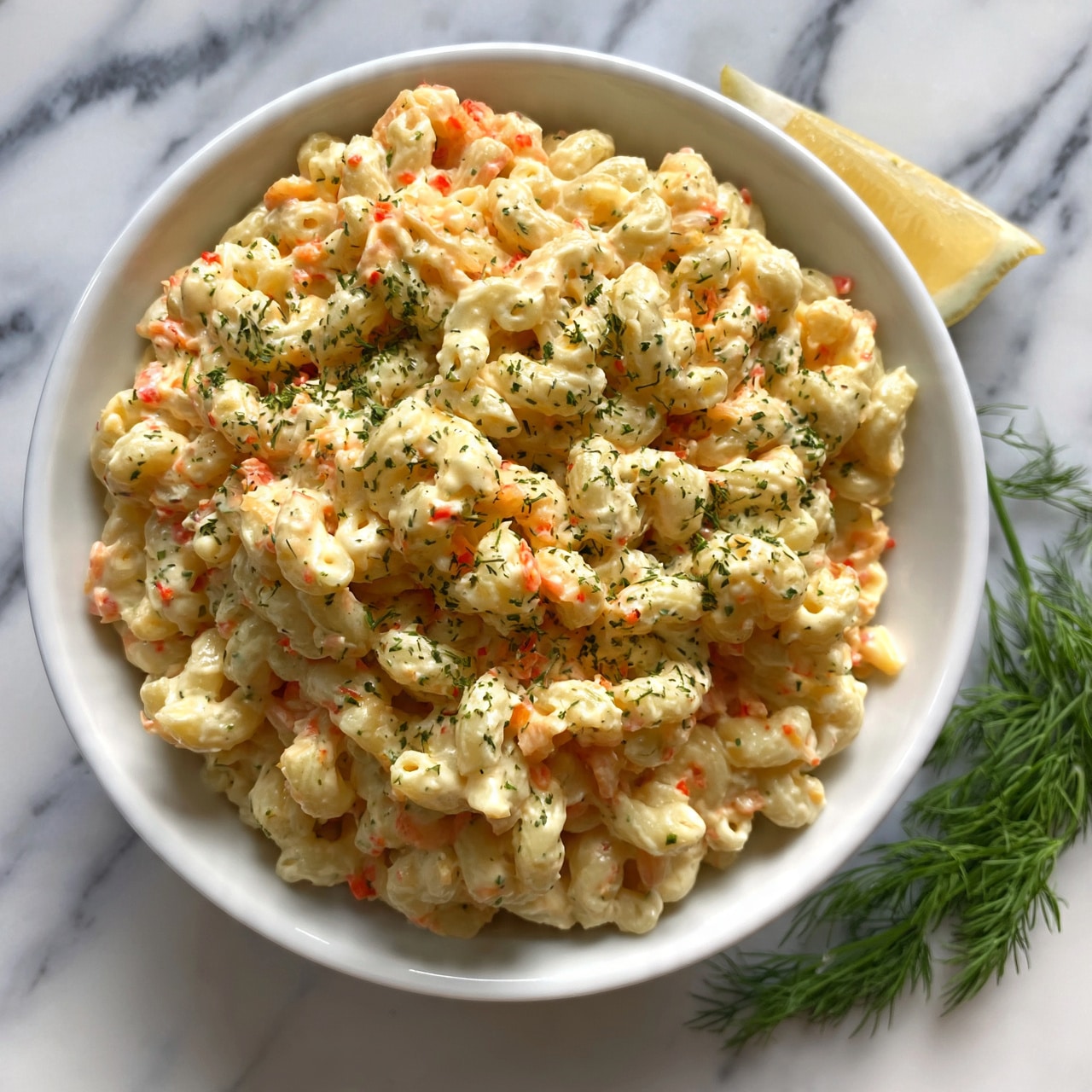 square image A white bowl filled with creamy macaroni salad sits on a white marbled surface. The salad has three visible layers: tiny elbow macaroni coated in a light, pale-yellow cream, small red bits mixed evenly throughout, and green flecks of herbs sprinkled on top. A lemon wedge and a sprig of fresh dill rest next to the bowl on the marbled surface. The texture looks soft and slightly chunky, showing a mix of smooth sauce and small vegetable pieces, with the colors contrasting against the simple white bowl and background. photo taken with an iphone --ar 4:5 --v 7
