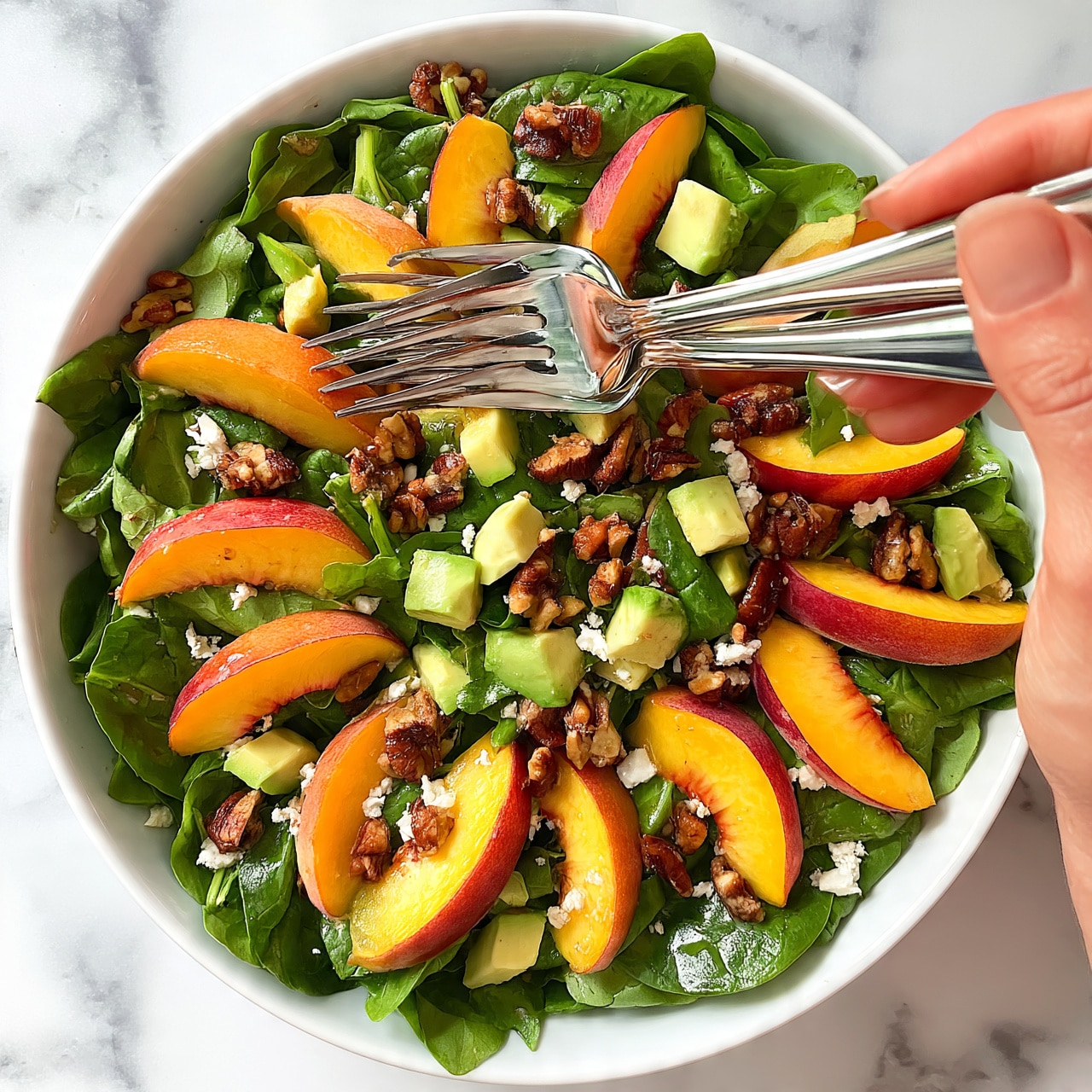 square image The image shows a white bowl filled with a colorful salad sitting on a white marbled surface. Inside the bowl, there are several layers visible: fresh green spinach leaves form the base layer, topped with slices of orange and red peaches spread evenly around. There are small cubes of light green avocado mixed throughout the salad, along with some brown toasted nuts scattered on top for texture. A woman's hand is holding a pair of silver forks resting inside the bowl, ready to serve. Small pieces of white cheese crumble are also sprinkled across the salad. Photo taken with an iphone --ar 4:5 --v 7