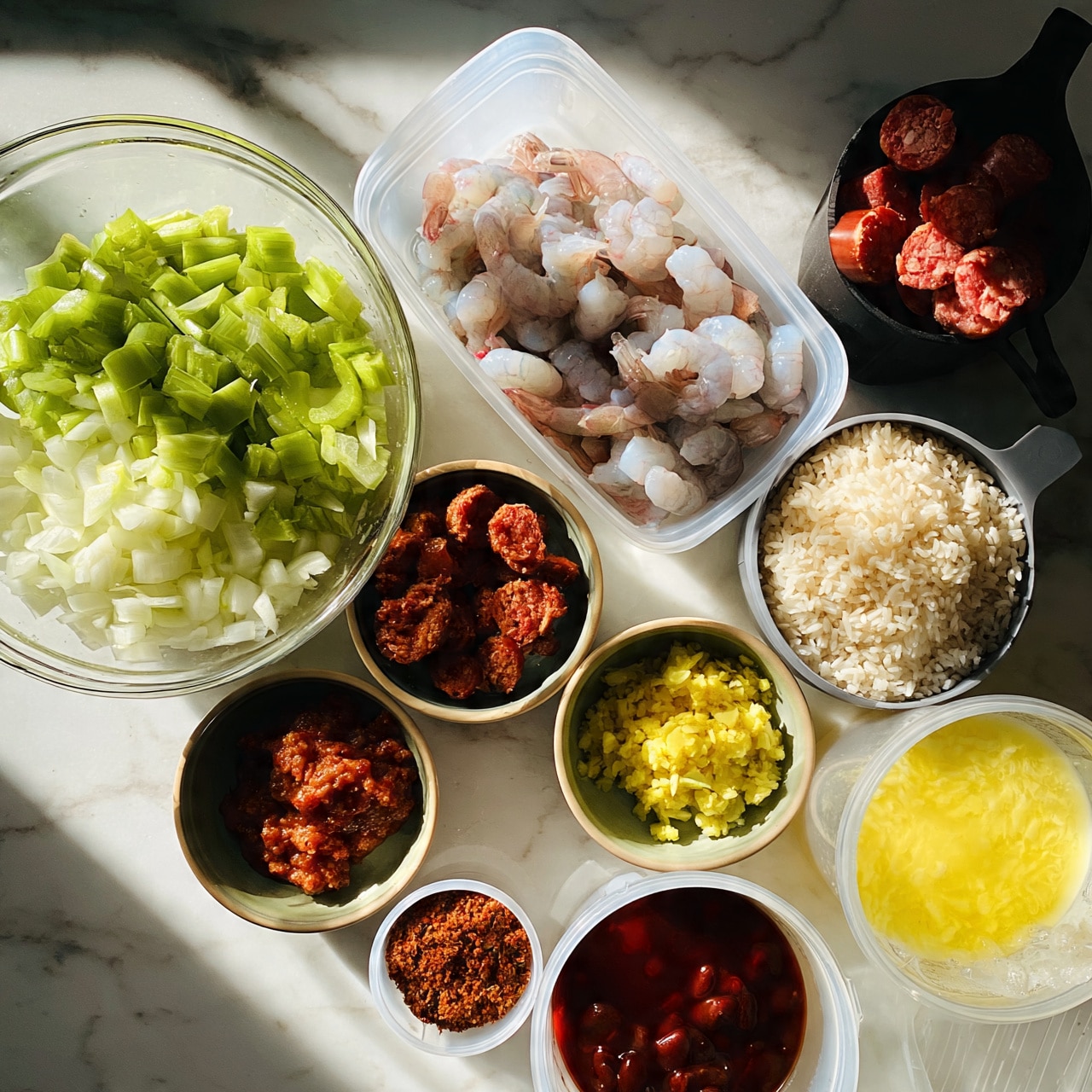 square image The image shows a white marbled surface with several small containers of ingredients arranged neatly. There is a large glass bowl filled with chopped green celery and white onions. Next to it, a clear plastic container holds peeled raw shrimp. A black measuring cup contains sliced red sausage pieces, while a gray measuring cup is filled with uncooked white rice. There are two small round bowls, one with a reddish paste and the other with a yellow minced substance, possibly garlic or ginger. Another small clear bowl contains a reddish-brown spice mix, and a clear plastic container holds a dark red sauce with visible beans. A clear container with yellow liquid, likely melted butter or oil, is also visible. The setup looks organized and ready for cooking. photo taken with an iphone --ar 4:5 --v 7