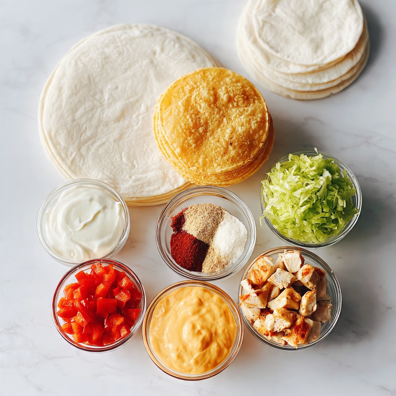 square image The image shows six main food items arranged on a white marbled surface. There are three types of round flatbreads stacked on the left and center top: a larger white one, a smaller stack of crispy golden tortillas in the middle, and smaller white tortillas at the top right. Below these, there are five small glass bowls holding various ingredients: plain white sour cream, finely chopped red bell peppers, bright green shredded lettuce, a mix of three spices (red, beige, and white powders), creamy orange cheese sauce, and diced grilled chicken with light browning. The colors and textures range from soft and creamy to fresh and crisp, all neatly placed to display the ingredients separately.  photo taken with an iphone --ar 4:5 --v 7