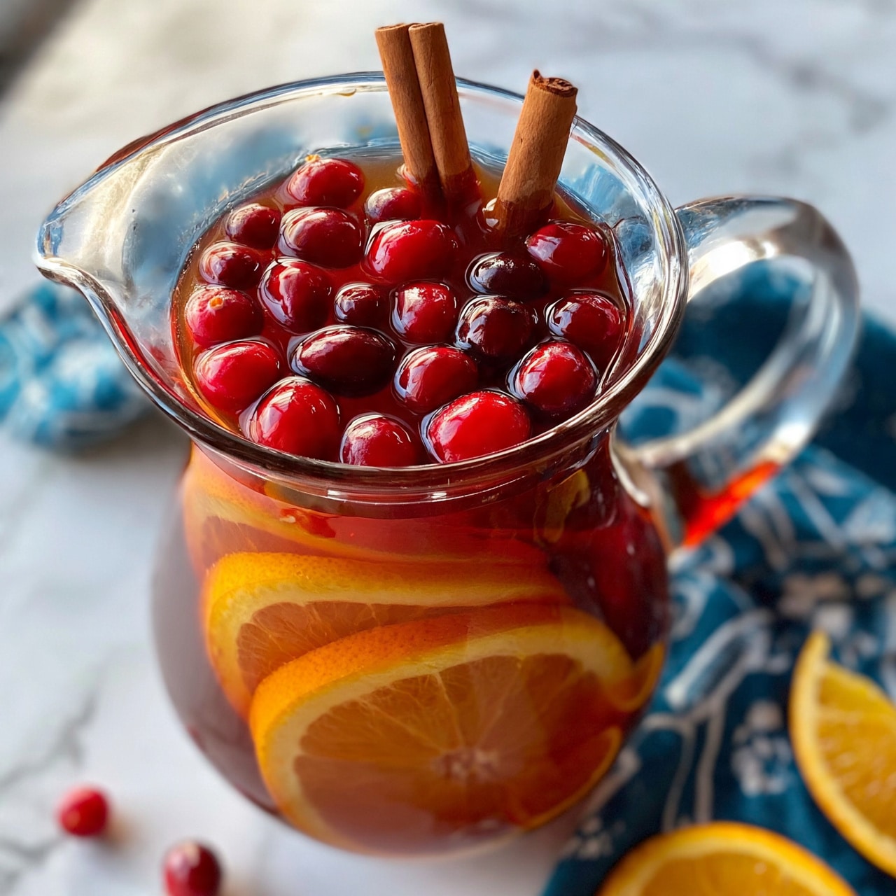 square image A clear glass pitcher holds a warm reddish-brown drink with three orange slices layered near the bottom, their bright orange peel and soft flesh visible through the liquid. Floating on the top are many small bright red cranberries mixed with a few deeper red ones, along with two cinnamon sticks standing upright. The pitcher sits on a white marbled surface with a blue cloth underneath that has a white geometric pattern. Some scattered cranberries and a slice of orange are visible on the surface nearby. Photo taken with an iphone --ar 4:5 --v 7