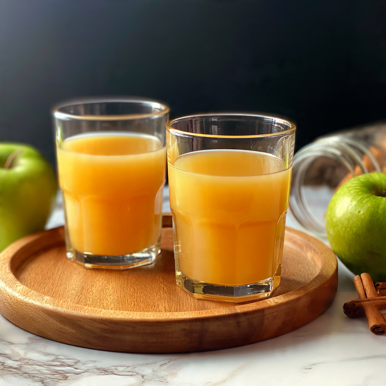 square image Two clear glasses filled about three-quarters with light orange juice are placed on a round wooden tray with a white marbled surface beneath. Next to the tray, on the left and right edges of the image, are two green apples. On the right of the apples, a glass jar laying on its side with some cinnamon sticks beside it is visible. The background is dark, creating contrast with the bright colors of the apples and juice. The photo taken with an iphone --ar 4:5 --v 7