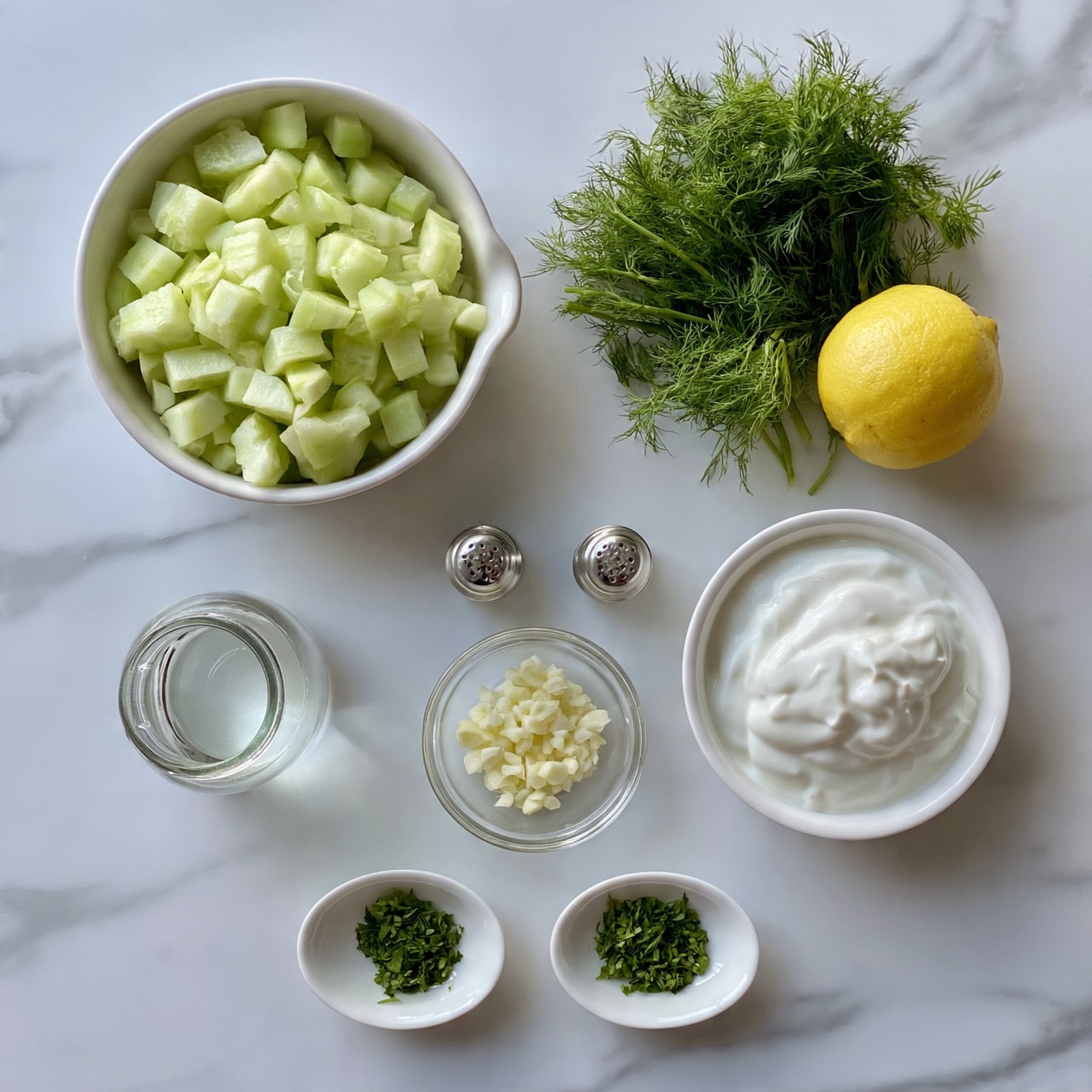 square image A top-down view shows various ingredients placed neatly on a white marbled surface. At the top left, there is a white bowl filled with chopped cucumbers, light green and chunked. To the right, a bunch of fresh green dill and half a lemon with a bright yellow color sit close by. Below, a small glass jar of clear oil, two small silver salt and pepper shakers, and a white bowl filled with thick white yogurt are aligned in a row. In the center, a small clear bowl holds finely chopped garlic cloves, and at the bottom, two small white dishes contain finely chopped green herbs. The overall scene is clean and bright, focused on fresh, simple ingredients. Photo taken with an iphone --ar 4:5 --v 7
