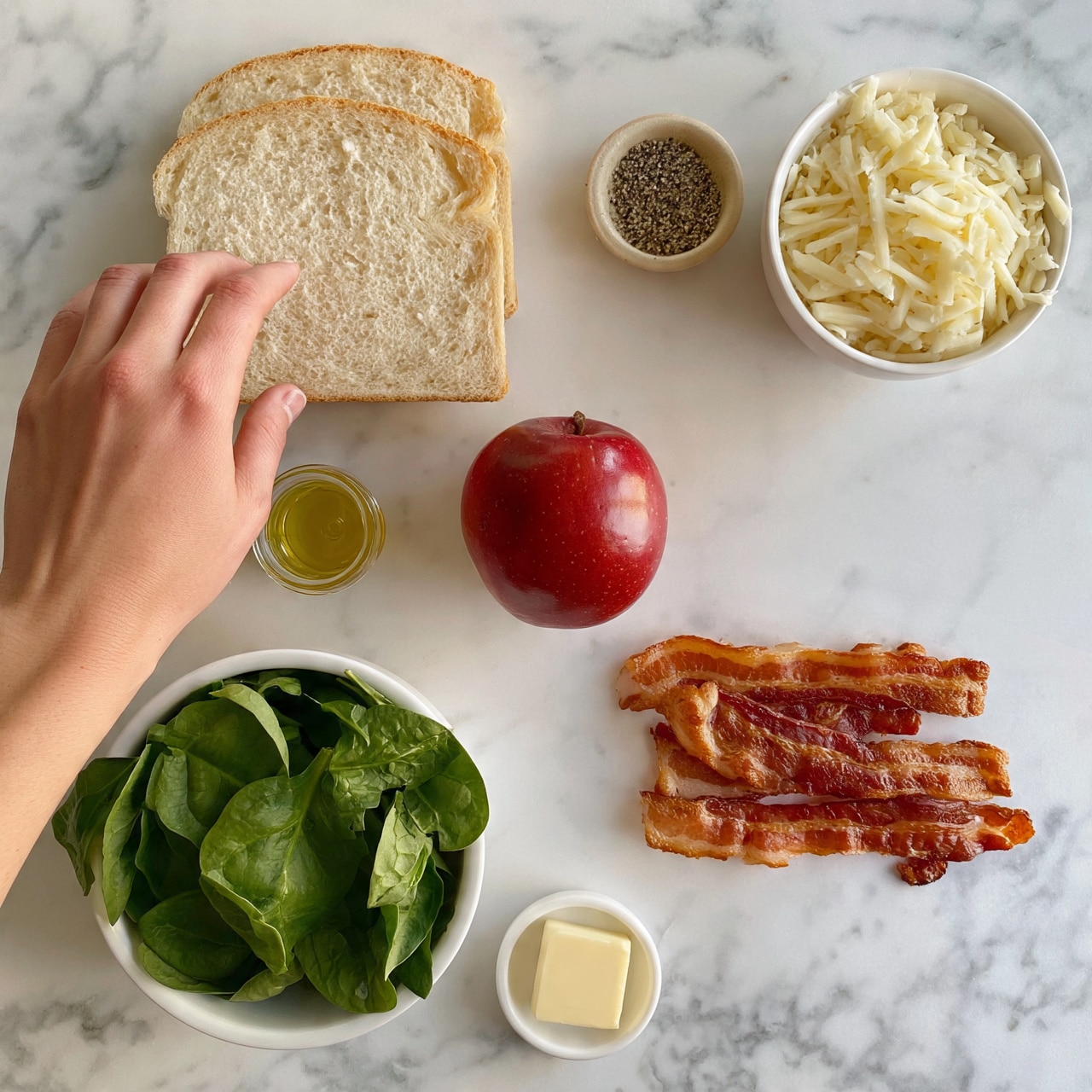 square image The image shows ingredients laid out on a white marbled surface, including two slices of bread at the top left, a small bowl of ground pepper and a white bowl filled with shredded cheese to the right, a small glass container of olive oil below the bread, a red apple in the center, a white bowl of fresh green spinach leaves at the bottom left, three strips of crispy cooked bacon to the right of the spinach, and a small white dish with a square piece of butter below the bacon. A woman's hand is reaching from the left side toward the bread. Photo taken with an iphone --ar 4:5 --v 7