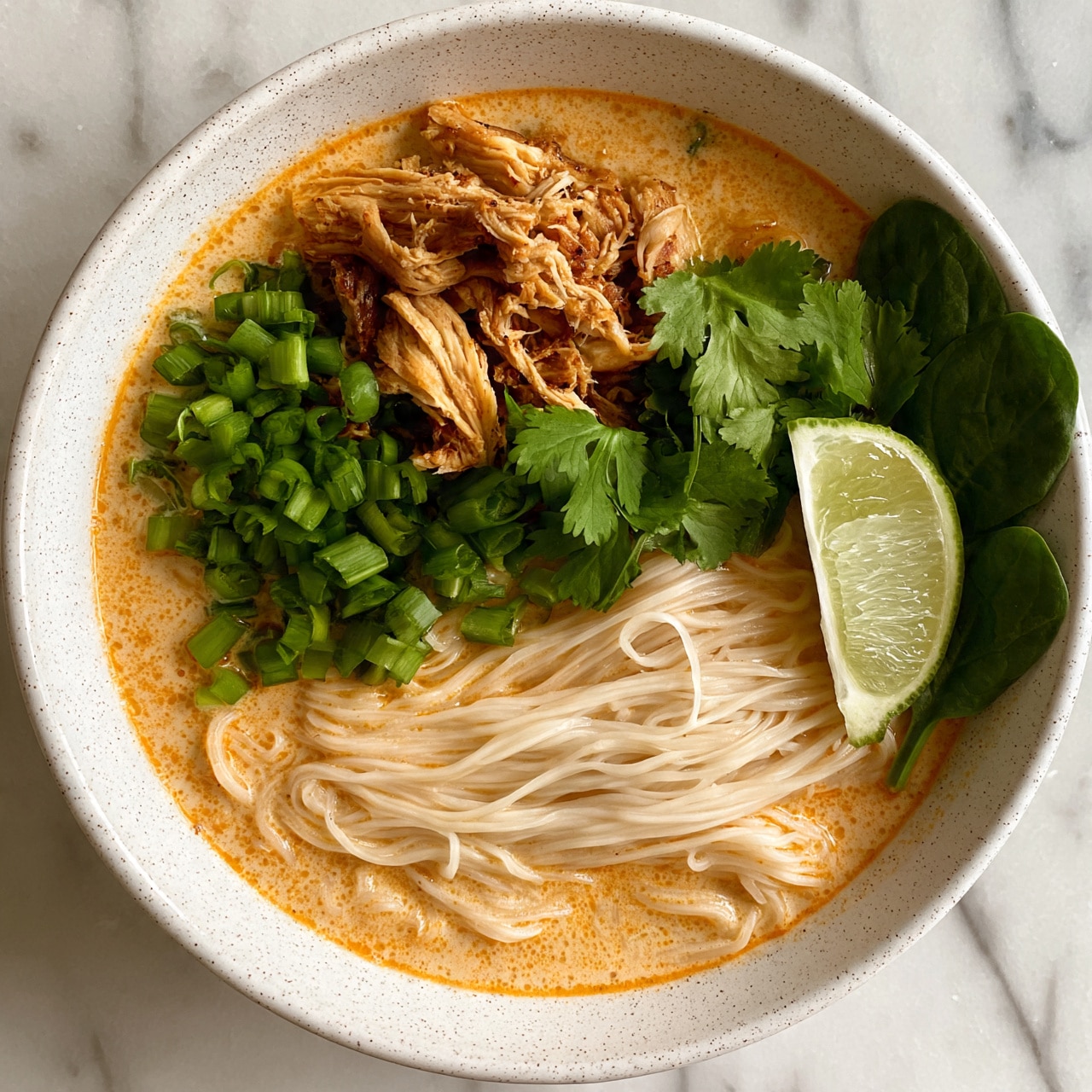 square image A bowl holds a creamy orange soup with thin white noodles layered throughout. Shredded light brown chicken pieces rest near the top, mixed with bright green chopped scallions and fresh green cilantro leaves. A wedge of lime with pale green flesh sits on the side inside the bowl, alongside a few whole spinach leaves. The bowl is white with a speckled pattern, all set on a white marbled surface. photo taken with an iphone --ar 4:5 --v 7