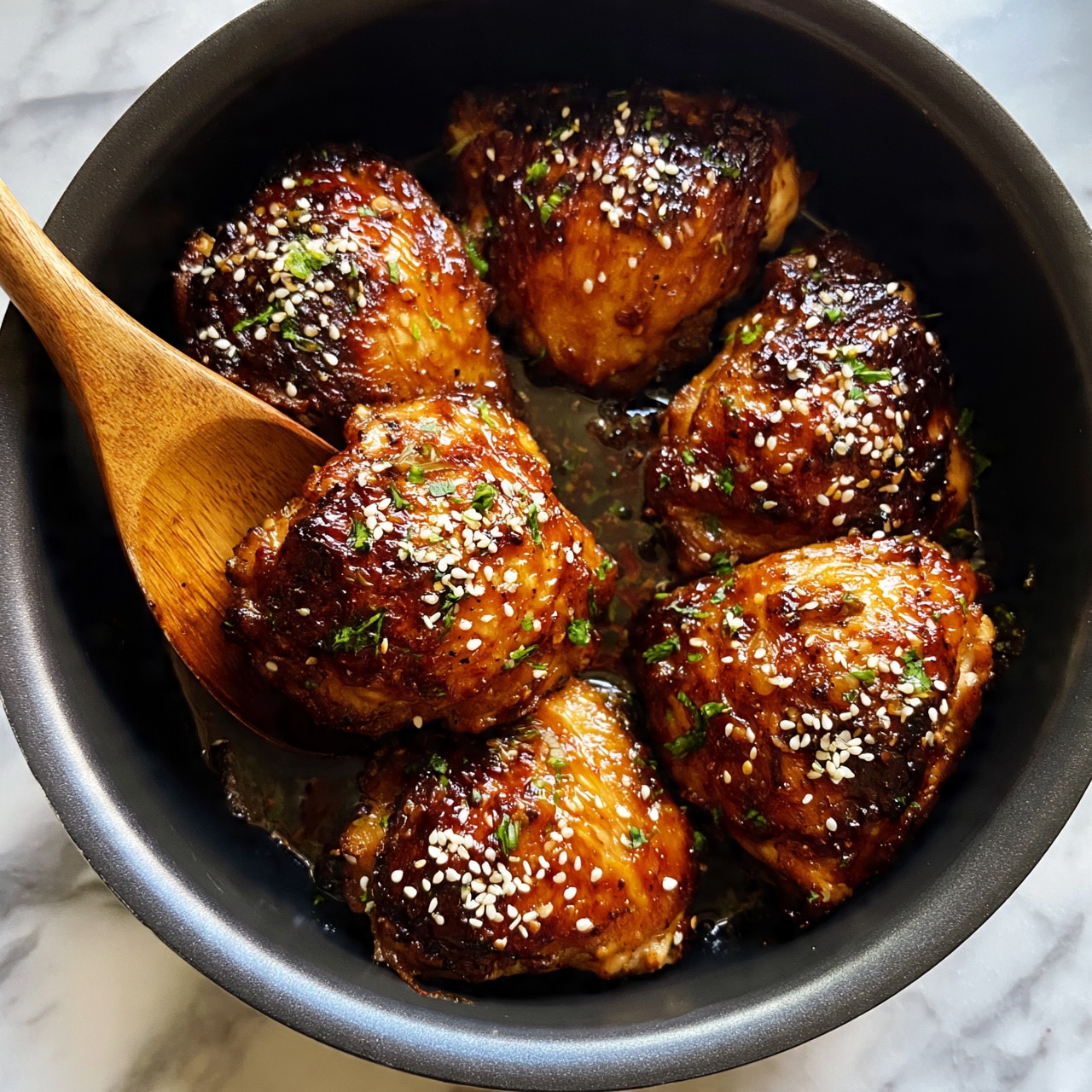 square image The image shows six browned, shiny chicken pieces in a black pot, each topped with white sesame seeds and small green herbs. The chicken has a rich dark brown color with a glossy finish, indicating a sauce glaze. A wooden spoon is placed on the left side inside the pot, lifting one piece of chicken gently as if cooked and tender. The background surface is white marbled texture. photo taken with an iphone --ar 4:5 --v 7