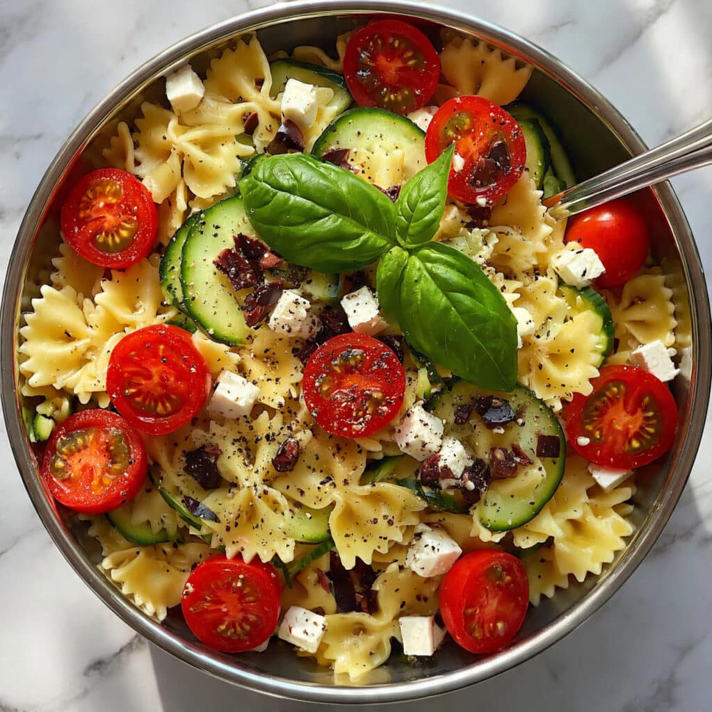 Easy Pasta Salad with Cherry Tomatoes, Cucumber, and Mozzarella Recipe