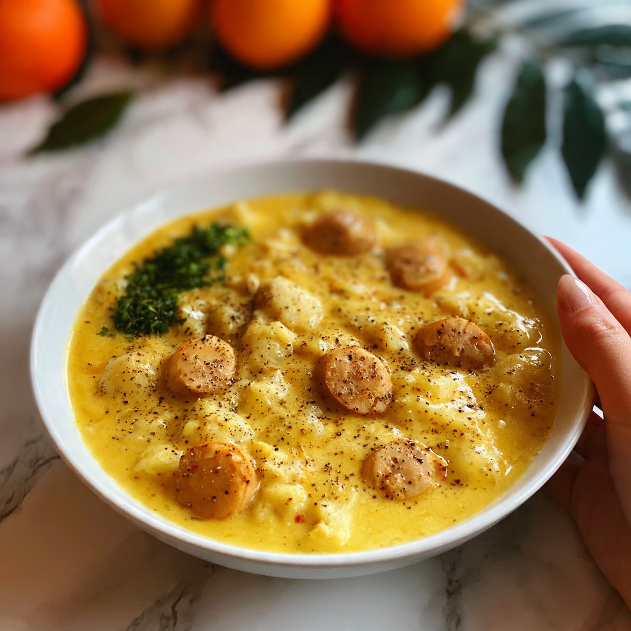 square image The image shows a white bowl filled with thick yellow soup that has small pieces of potatoes and sliced light brown sausages floating on top. There is a sprinkle of black pepper and a small pile of green herbs on one side. The bowl is placed on a white marbled surface with some oranges and green leaves blurred in the background. A woman's hand is reaching from the side, ready to hold the bowl. The photo was taken with an iphone --ar 4:5 --v 7