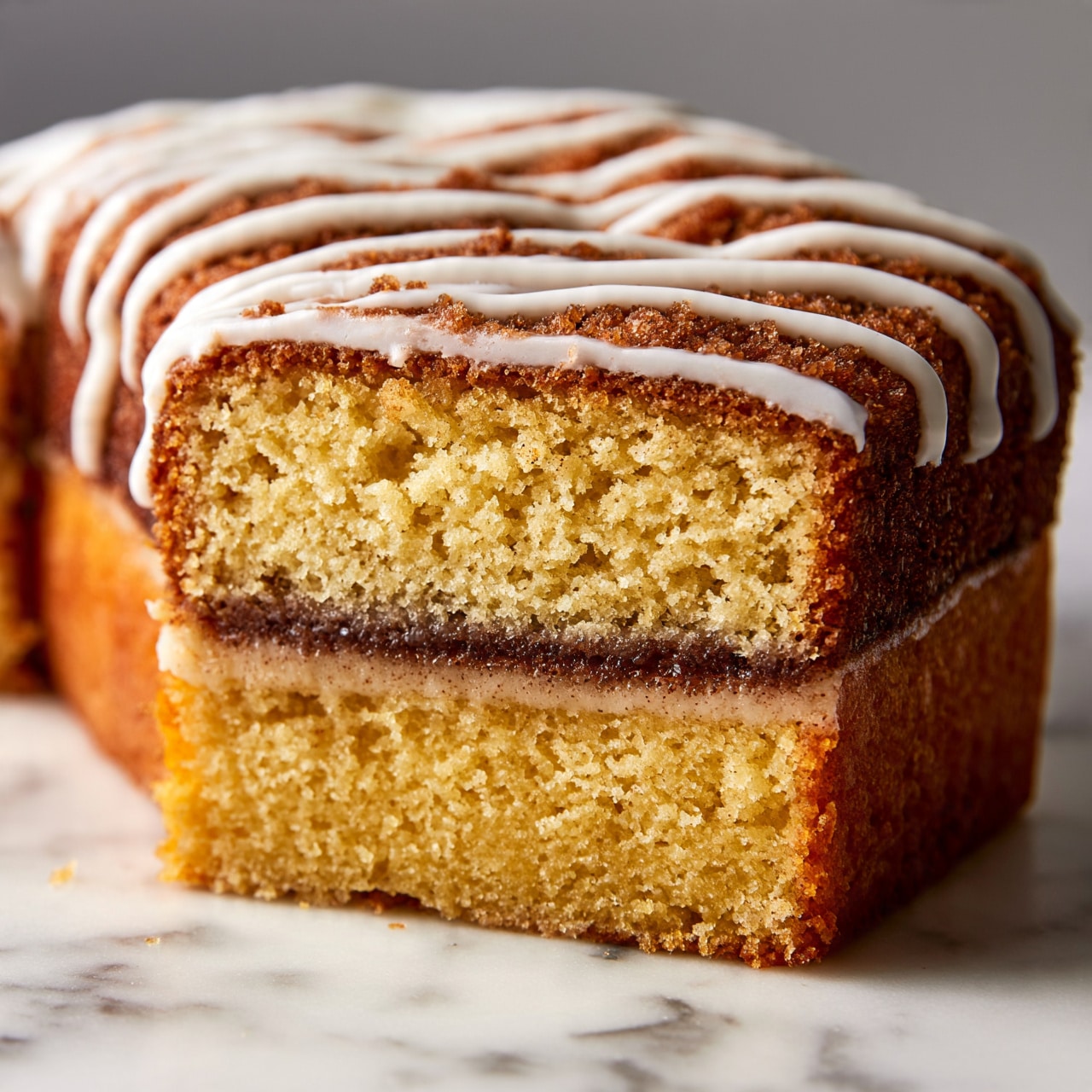 square image The image shows a sliced loaf cake on a white marble surface, with three visible layers inside. The top layer is golden brown with a crumbly texture. Below it, a darker brown thin layer looks like a cinnamon swirl. The bottom layer is a thicker golden cake base with a soft, moist texture. The whole loaf is topped with white icing drizzled in thin lines across the top. The lighting highlights the texture and detail of the cake and icing. Photo taken with an iphone --ar 4:5 --v 7