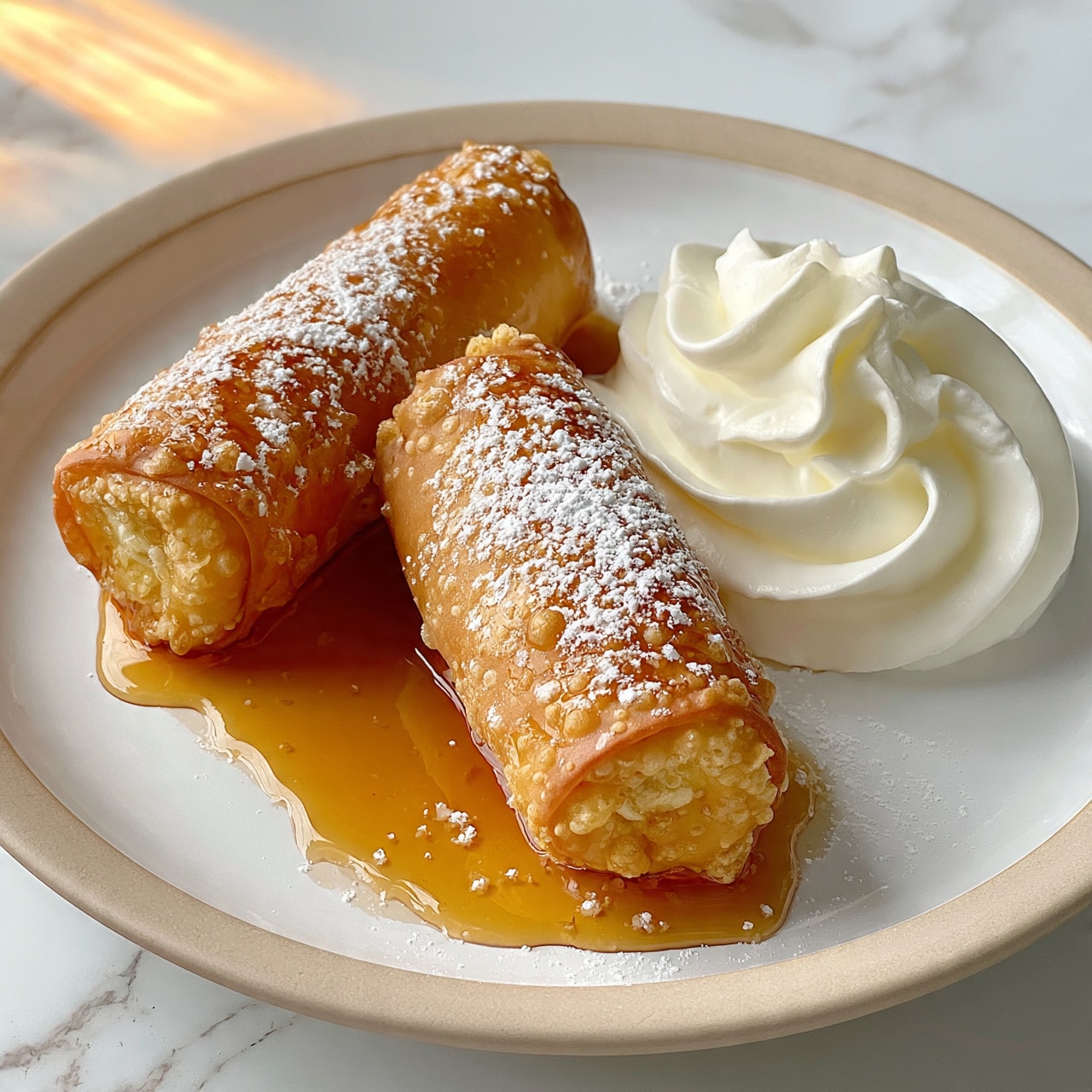 square image Two golden-brown crispy rolls rest side by side on a white plate with a light beige rim. The rolls have a crunchy texture with small bubbles on their surface. They are lightly dusted with white powdered sugar and drizzled with a shiny amber syrup that spreads around the plate. Next to the rolls is a swirl of smooth, creamy white whipped topping with soft peaks. The plate is placed on a white marbled surface, showing warm natural light that highlights the details. Photo taken with an iphone --ar 4:5 --v 7