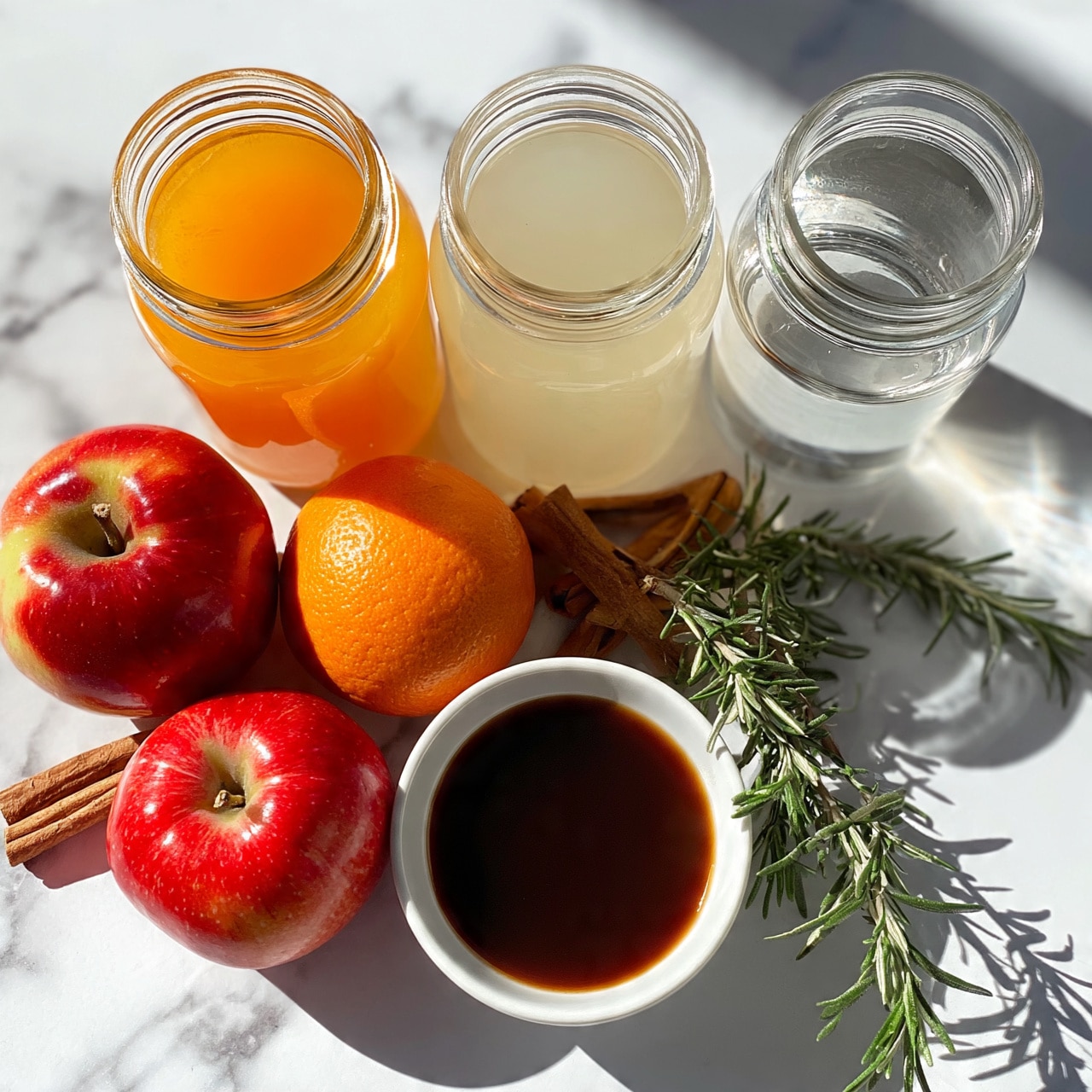 square image The image shows three jars filled with different liquids placed on a white marbled surface. The left jar contains a bright orange liquid, the middle jar holds a pale, cloudy liquid, and the right jar has a clear liquid. Below the jars, there is a small white bowl filled with a dark brown liquid, surrounded by fresh red apples, an orange, cinnamon sticks, and sprigs of fresh green rosemary. The colors are bright and natural, and all items are arranged neatly with some shadows creating depth. Photo taken with an iphone --ar 4:5 --v 7square image