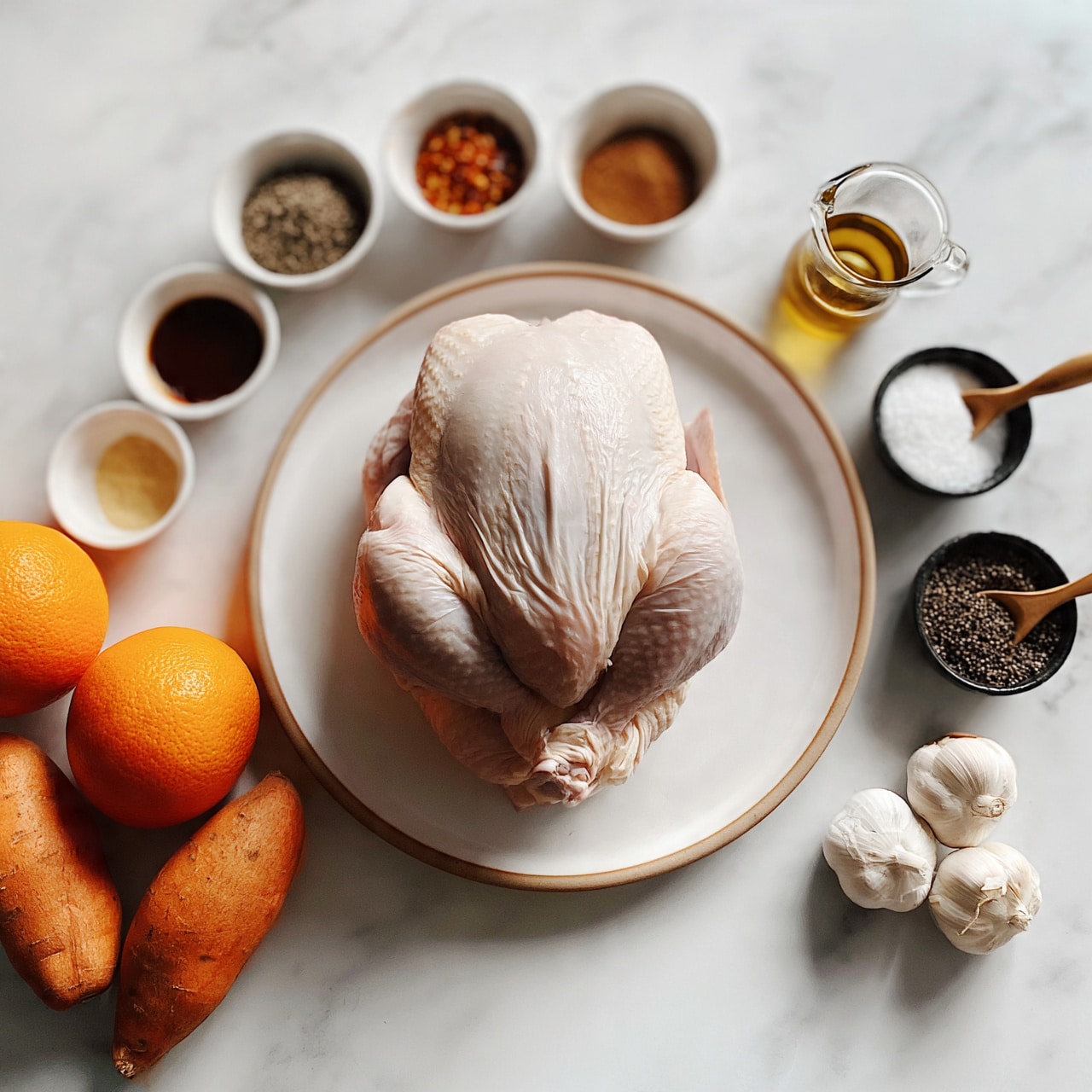 square image A whole raw chicken sits at the center on a white plate with a light brown rim, the chicken's pale pink skin smooth and folded. Surrounding the plate on the white marbled surface are two bright orange oranges and two orange sweet potatoes with rough skin on the left. Several small white bowls with spices are arranged neatly nearby: ground black pepper, red pepper flakes, a dark brown sauce, a light yellow spice, and ground cinnamon. On the right side, a small clear pitcher with golden olive oil is next to a small black bowl of white salt with a wooden spoon, a small black bowl of black pepper with a wooden spoon, and two whole garlic bulbs. The layout is clean and well organized, photo taken with an iphone --ar 4:5 --v 7