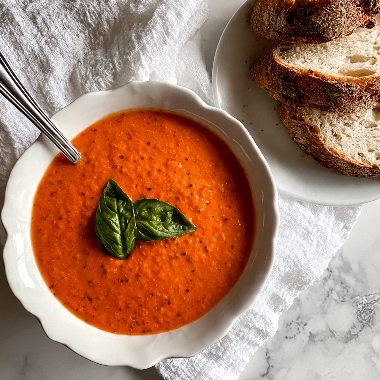 square image A white scalloped bowl filled with thick, bright orange tomato soup that has small bits of seasoning visible throughout. On top of the soup, there are two fresh green basil leaves placed in the center. A silver spoon stands inside the bowl on the upper left side. Next to the bowl, on a white marbled surface covered with a white textured cloth, is a white plate holding three slices of rustic bread with a browned, rough crust and a soft, pale inside. photo taken with an iphone --ar 4:5 --v 7