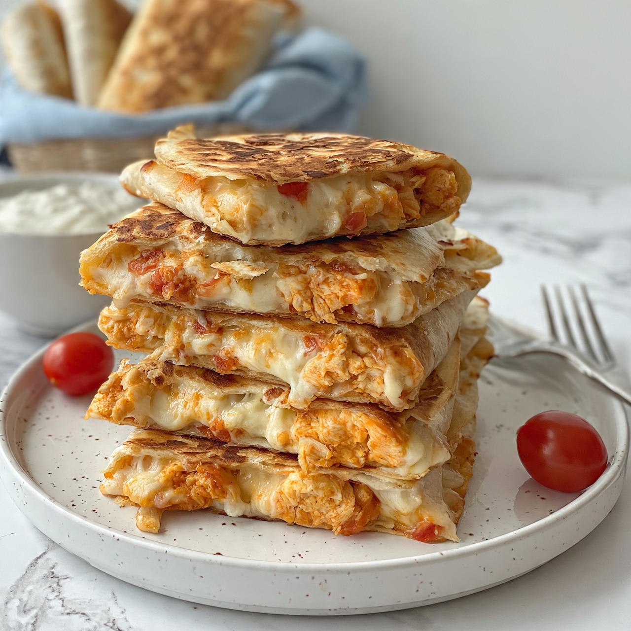 square image Stack of four folded quesadilla slices on a white round plate with speckled pattern, each slice showing layers of melted cheese, orange cooked chicken pieces, and small bits of red tomato inside the golden brown toasted tortilla. The top quesadilla slice is slightly opened, revealing the filling texture. Around the plate, there are two small red cherry tomatoes and a silver fork on the right side. Behind the plate, a white bowl of sour cream and a basket with more folded quesadillas wrapped in a light blue cloth can be seen on a white marbled surface. Photo taken with an iphone --ar 4:5 --v 7