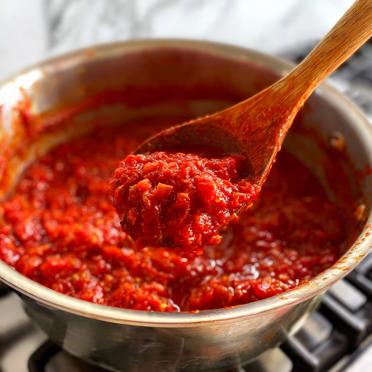 square image A metal pot filled with thick, chunky red tomato sauce sitting on a stove with black grates, a wooden spoon is lifting a portion of the sauce, showing its rich, vibrant red color and slightly chunky texture with pieces of tomato visible, the pot has some sauce stains on the inside walls and is slightly shiny from the liquid, the background is a white marbled texture, photo taken with an iphone --ar 4:5 --v 7