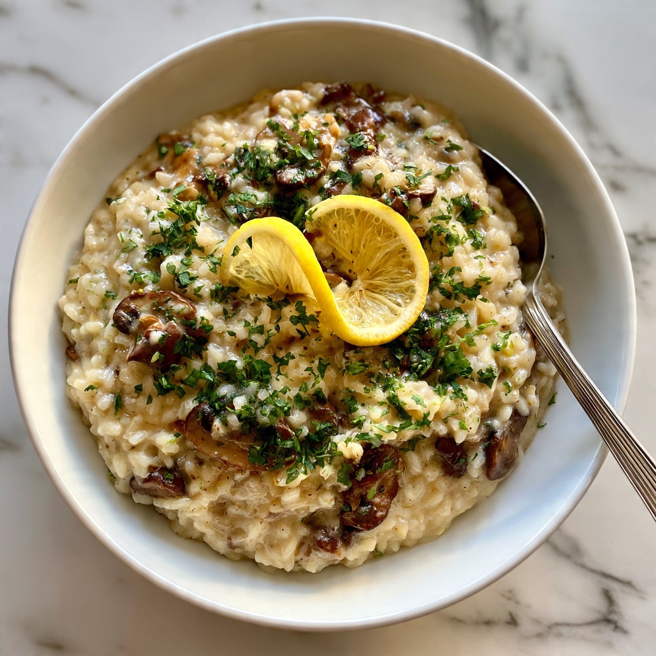 square image The dish shows several layers of creamy risotto with small pieces of dark brown mushrooms mixed throughout. On top, finely chopped green herbs are sprinkled evenly, adding a fresh touch. Two thin slices of bright yellow lemon wedges with visible texture are placed at the center, giving a pop of color. The risotto is served in a white bowl resting on a white marbled surface. A silver spoon is placed inside the bowl on the right side. Photo taken with an iphone --ar 4:5 --v 7