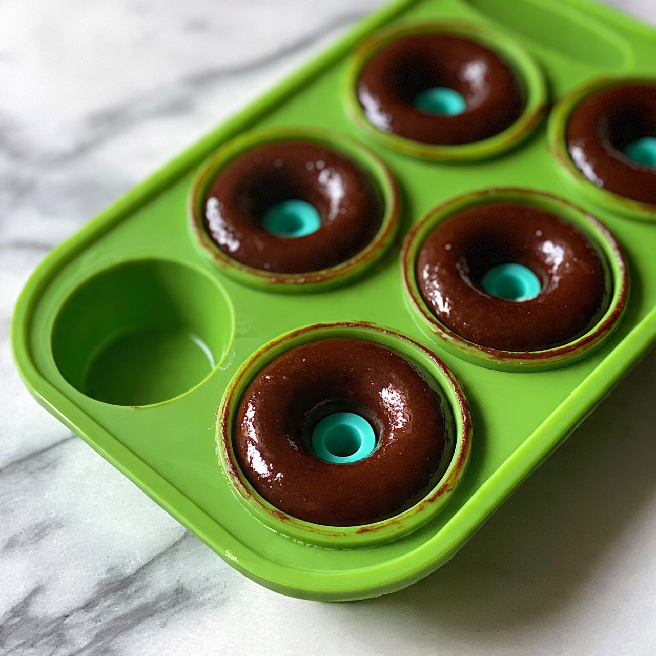 square image The image shows a green silicone donut mold filled with dark brown chocolate batter in five cavities, with one cavity empty. Each filled cavity has a small turquoise blue circular piece placed in the center of the batter. The mold rests on a white marbled surface. The texture of the batter looks smooth and shiny, with slight ridges near the edges. photo taken with an iphone --ar 4:5 --v 7
