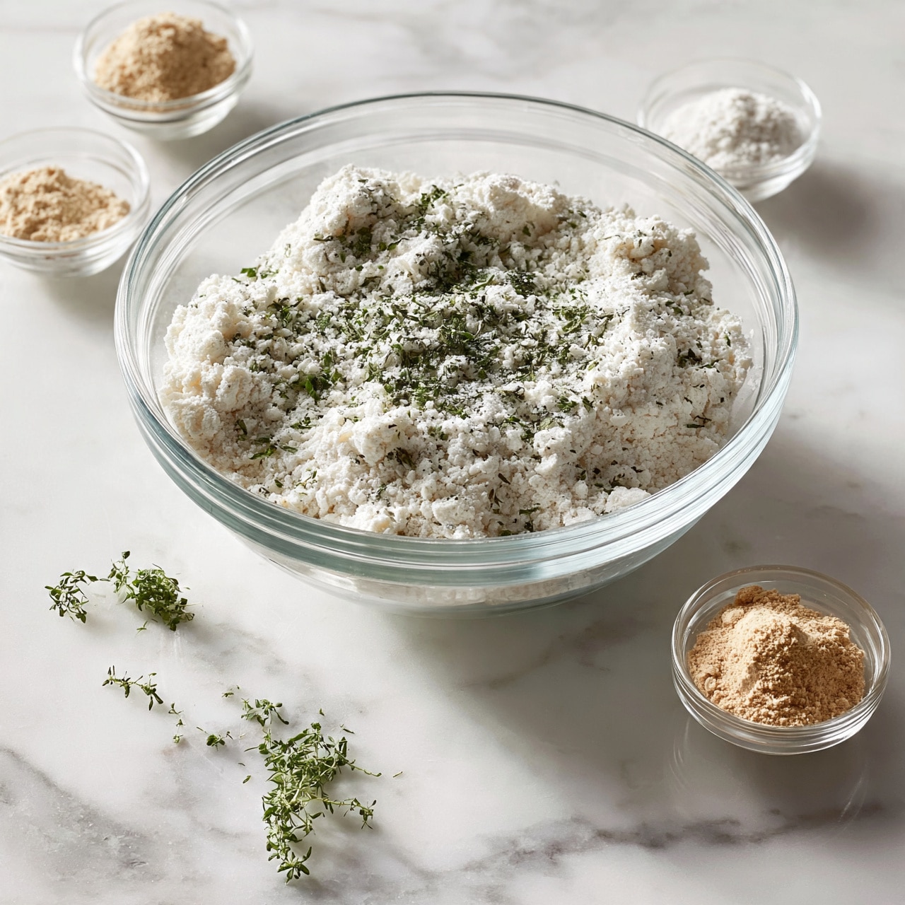 square image A clear glass bowl sits on a white marbled surface, filled with a mixture of white flour and green herbs scattered on top. Around the bowl, there are three small clear glass bowls, each containing a different powder or spice in light brown and white colors. A few small green herb sprigs are placed casually on the white marbled surface near the bowls. photo taken with an iphone --ar 4:5 --v 7