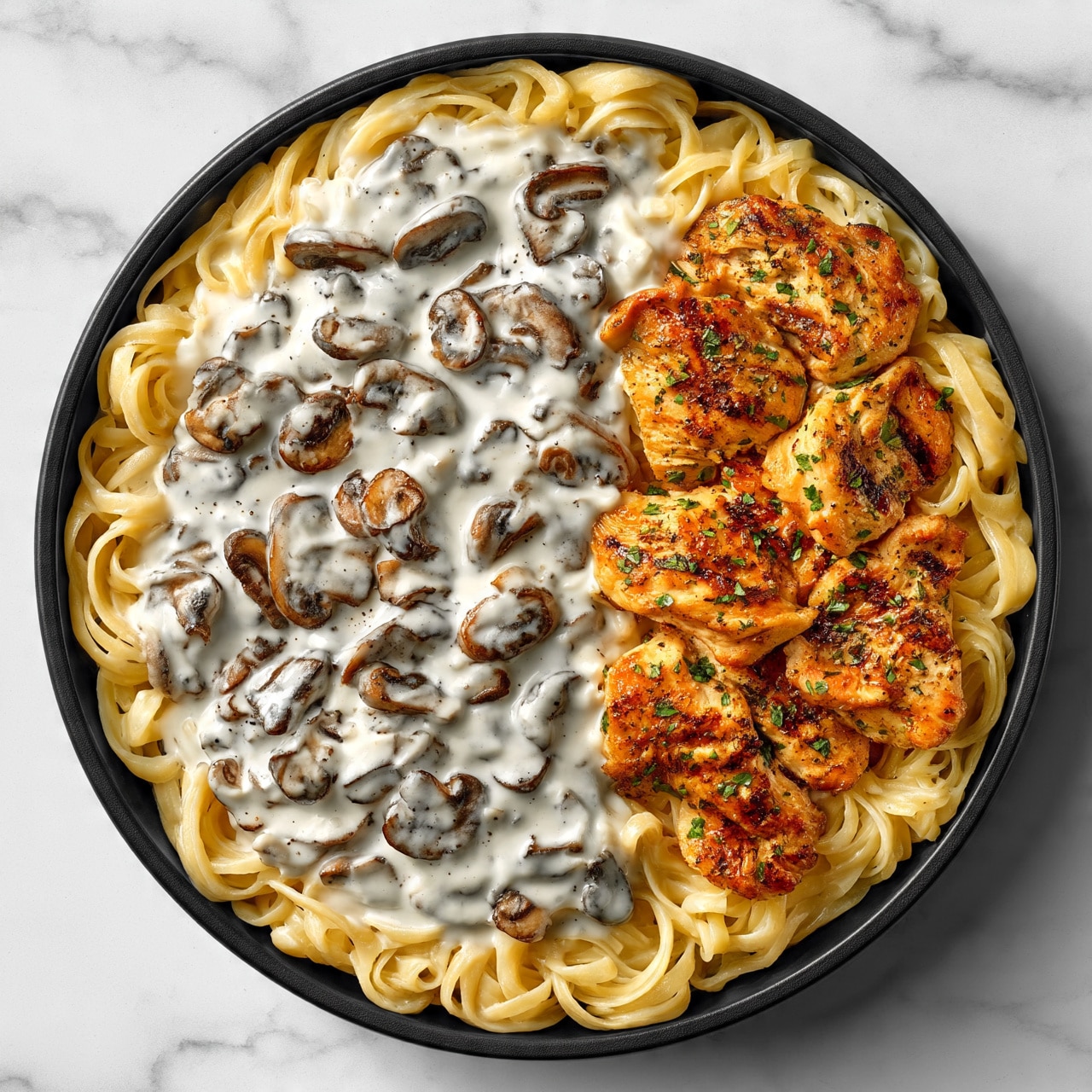 square image The image shows a black round plate filled with creamy mushroom pasta and grilled chicken pieces. The pasta forms the base layer, light yellow in color with a smooth texture, topped with a thick white sauce mixed with sliced brown mushrooms, evenly spread over half of the pasta. On the other half, there are several pieces of grilled chicken with a golden-brown color and grill marks, sprinkled with chopped green herbs. The plate sits on a white marbled surface. photo taken with an iphone --ar 4:5 --v 7