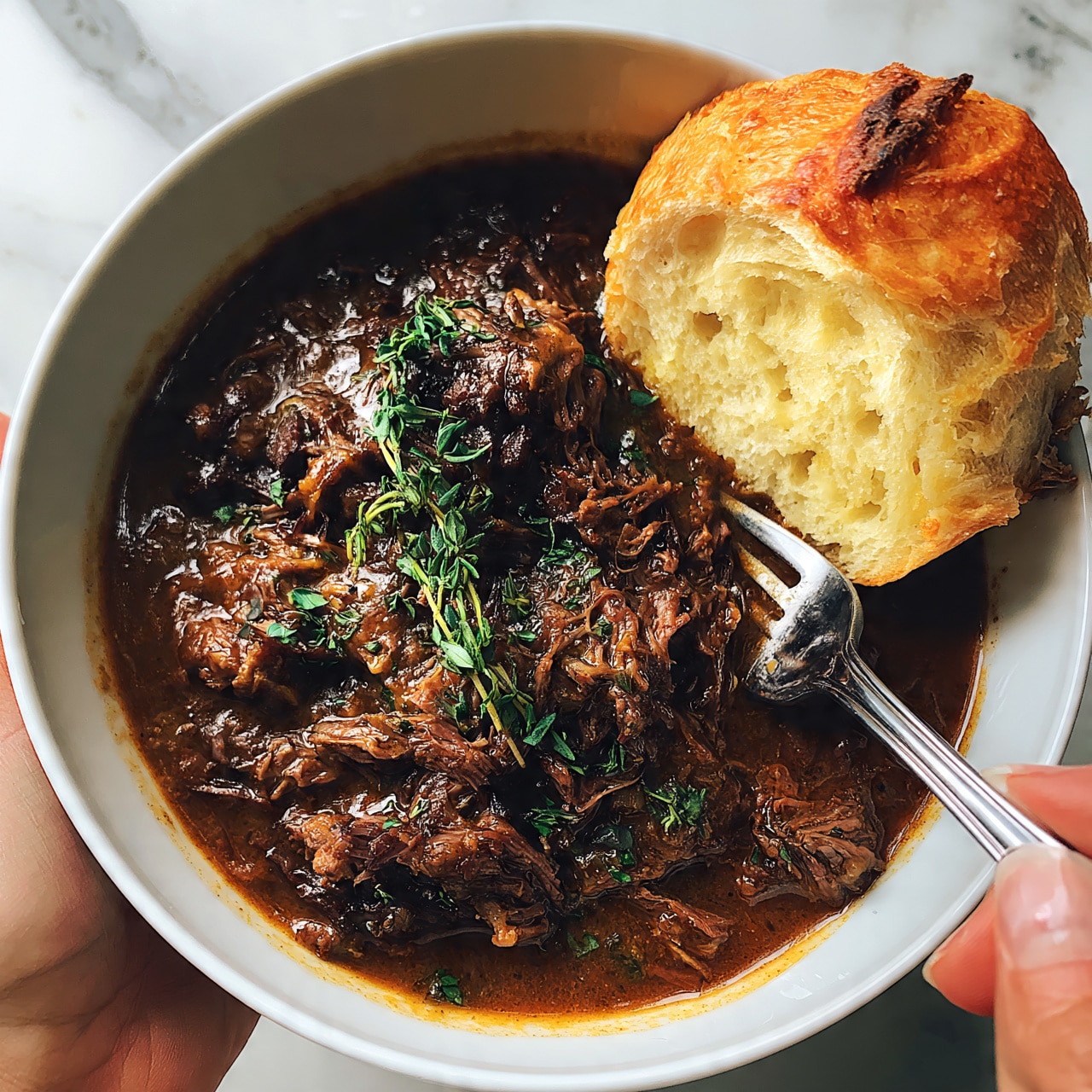 square image The image shows a white bowl filled with a rich, dark brown shredded meat stew with some visible herbs like thyme on top, giving a fresh green touch. A piece of crusty, golden-brown bread rests on the side inside the bowl, slightly crisp and airy. A silver fork is placed inside the bowl, near the meat, with a woman's hand holding it. The background is a white marbled texture. Photo taken with an iphone --ar 4:5 --v 7