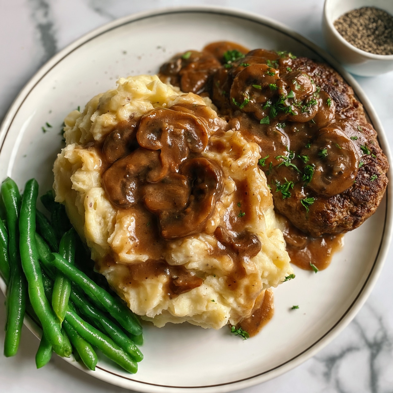 square image On a white plate with a thin dark rim, there is a serving of mashed potatoes forming a rough mound with a light, creamy yellow color. On top and around the potatoes, brown mushroom gravy with glossy mushroom slices is drizzled. To the right of the potatoes, a browned meat patty is covered with the same mushroom gravy and sprinkled lightly with green parsley. On the left side of the plate, there is a small pile of bright green steamed green beans with a slight shine. The plate is placed on a white marbled surface, and there is a small white bowl containing ground black pepper near the top right corner. Photo taken with an iphone --ar 4:5 --v 7