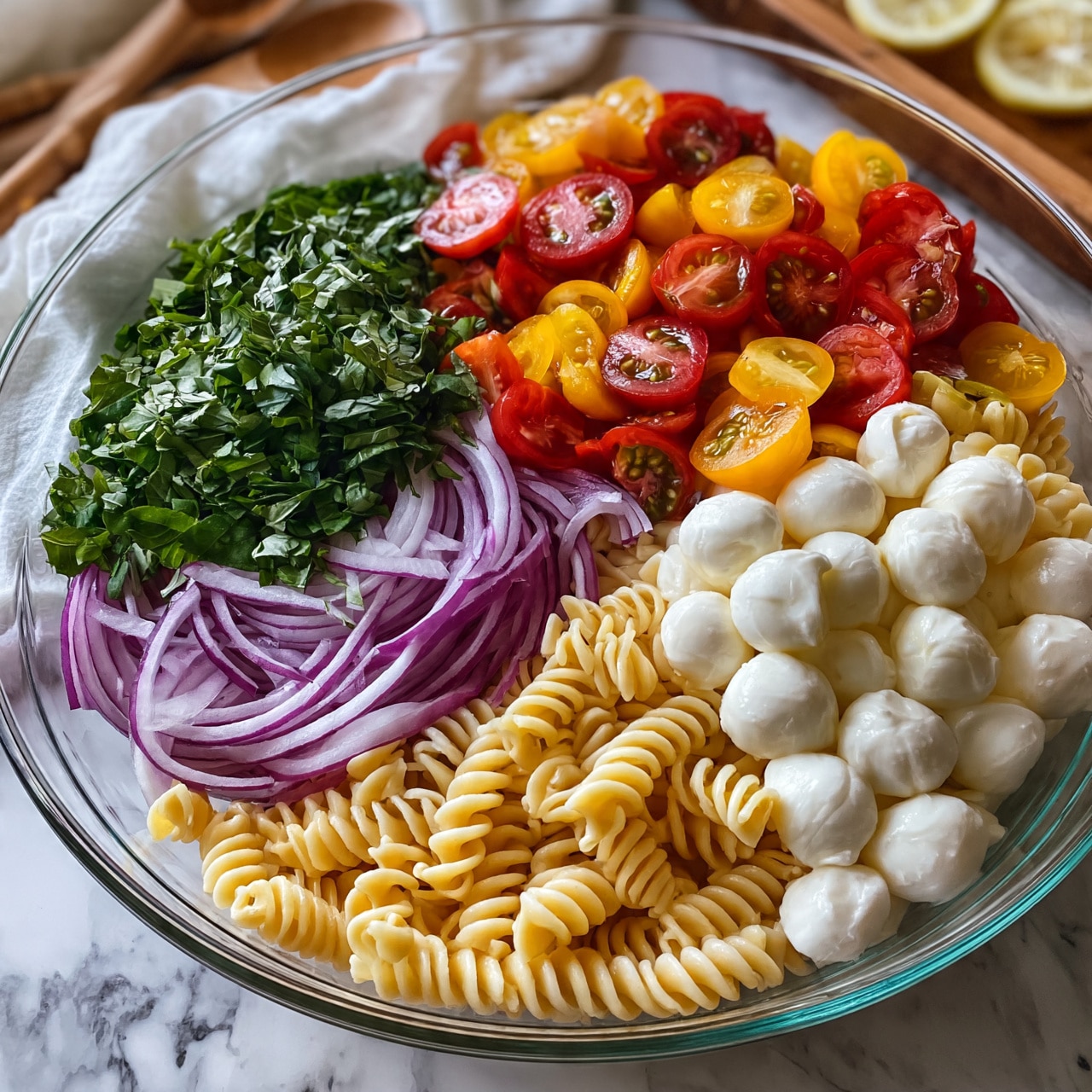 square image A clear glass bowl holds a colorful pasta salad with distinct layers: the bottom layer is light yellow rotini pasta spirals, topped with white small mozzarella balls on one side. Next to the cheese is a cluster of sliced red and yellow cherry tomatoes, showing their juicy insides. To the left of the tomatoes is a pile of fresh green chopped basil leaves. Below the basil, thin slices of purple onion create another layer. The bowl sits on a white marbled surface, with a white cloth and wooden utensils nearby, and a wooden tray with lemon slices is seen in the background. Photo taken with an iphone --ar 4:5 --v 7
