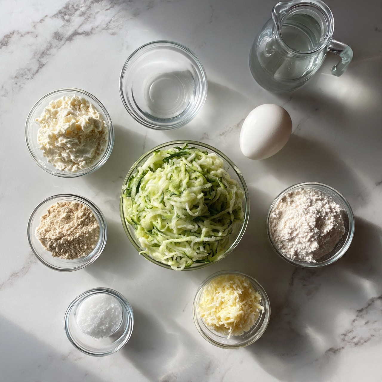 square image The image shows a white marbled surface with seven small glass bowls and one glass jug filled with different ingredients. In the center is a bowl full of shredded green zucchini with soft texture. Surrounding it are smaller bowls: one with a creamy white powder, one with a clear liquid, one with a raw white egg, another with fine white flour, one small bowl with a beige powder, a bowl with a light yellow grated ingredient, and a tiny bowl with salt. The glass jug contains a clear liquid and is placed on the top right. The setup looks organized and ready for cooking preparation photo taken with an iphone --ar 4:5 --v 7