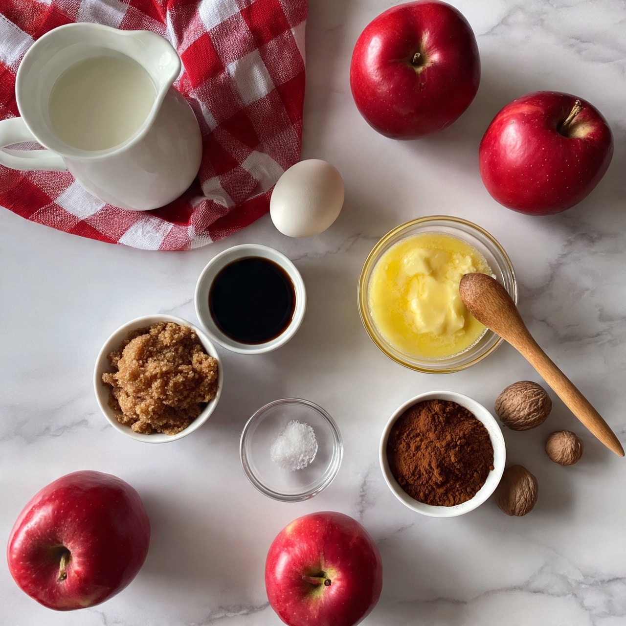 square image The image shows a white marbled surface with various baking ingredients arranged neatly. There are three red apples placed at the top right, bottom left, and bottom center parts of the image. A white measuring jug filled with milk is on the left side near the top. To its right, there is a white egg positioned near a red and white checkered cloth. Below the egg, there is a small white bowl with brown sugar, and next to it is a small bowl with dark vanilla extract. At the center right, a small transparent bowl holds yellow melted butter with a wooden spoon resting on the side. Below these, there is a small white bowl with dark brown cinnamon powder and beside it a few whole nutmegs. A small glass bowl with salt is near the bottom middle, and the whole setup is on a soft, white marbled background. Photo taken with an iphone --ar 4:5 --v 7